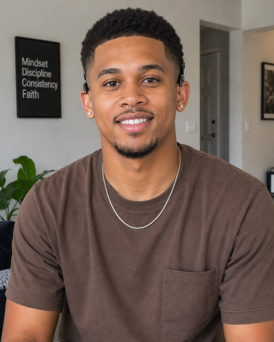 Black young male with a silver chain around his neck and brown shirt, smiling.