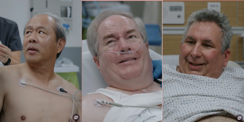 Images of Harvey, Ed, and Walter, characters who continued to joke while almost dying on The PItt television series