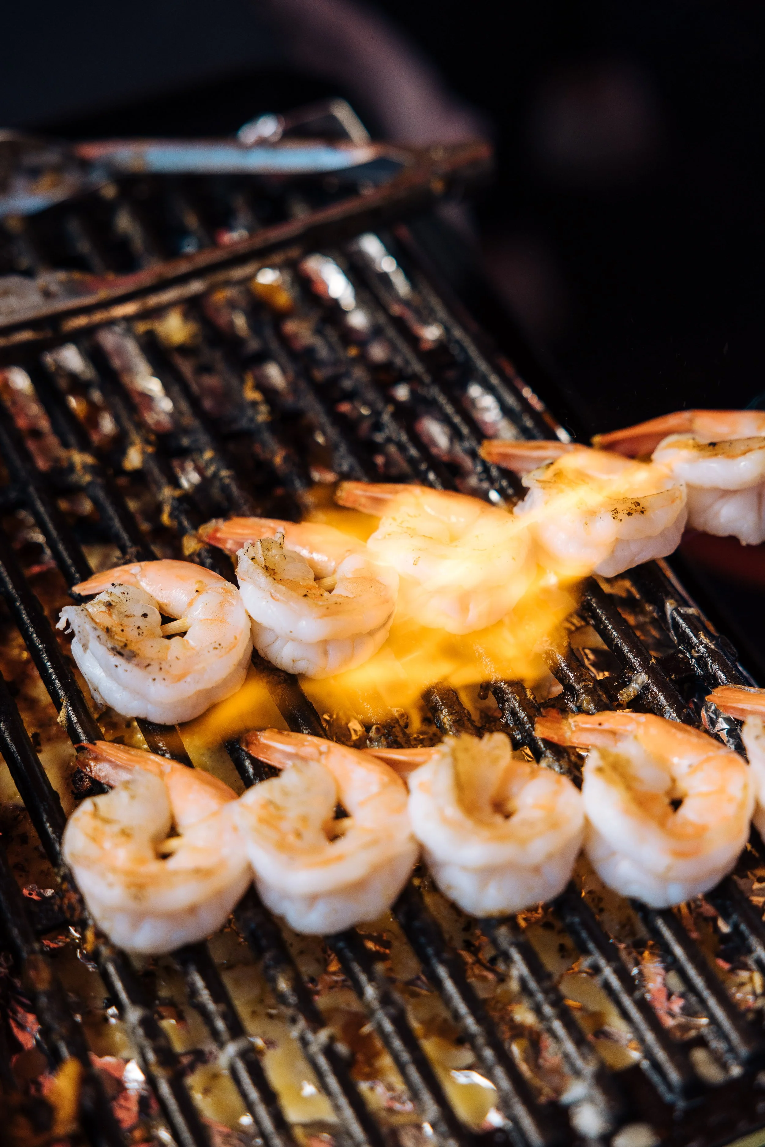 Firey grilled bbq with prawns on top