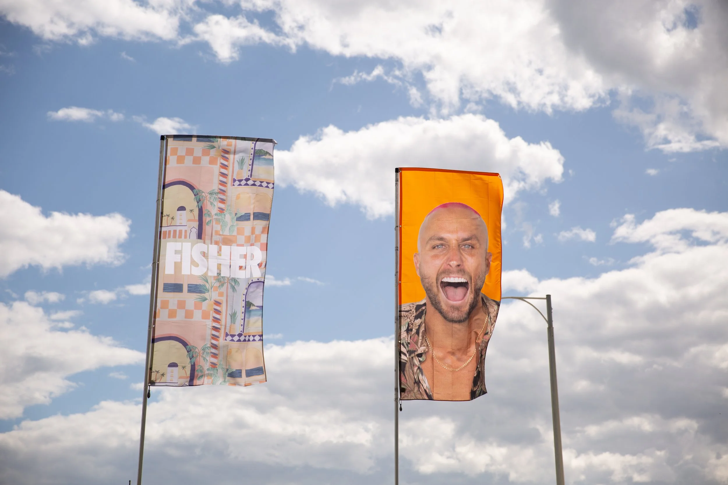 Photo of Fisher advertising flags
