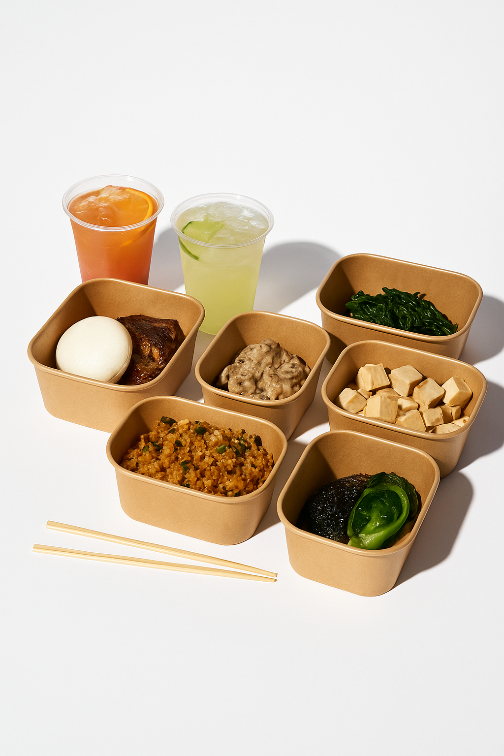 Suite of take away foods in brown paper take away boxes with cocktails behind.