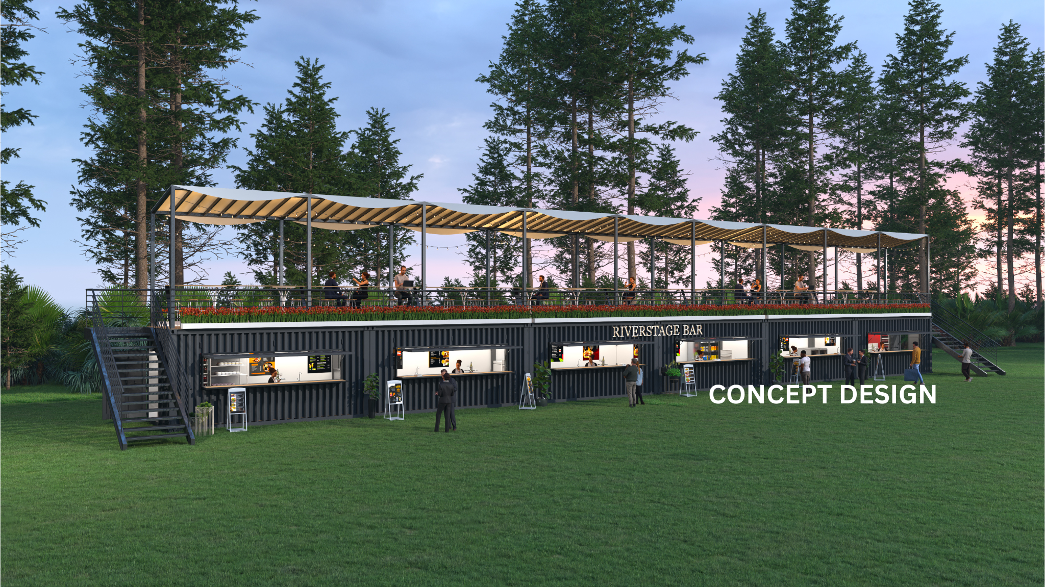 Architectural concept design of an outdoor bar called 'Riverstage Bar,' featuring a two-level structure with an upper open-air terrace with a wavy roof and a lower level with service windows, set in a green park with tall trees in the background.
