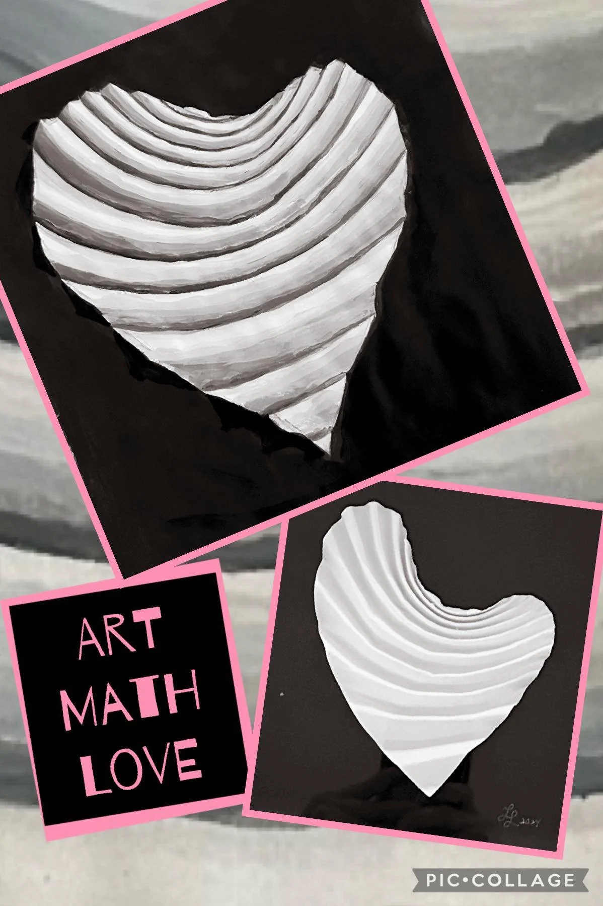 54 Days to ArtMathLove π€π€π©·
In Painting class, we’ve been working in our sketchbooks using only black and white paint. For my piece, I chose one of my first paper sculptures—a curved folded heart—as my reference. I love how limiti
