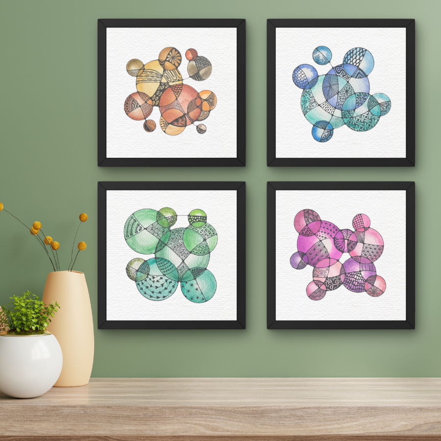 Colorful Bubble Watercolor Ink Paintings - 8x8 Inch - 4 Different Designs to Choose From