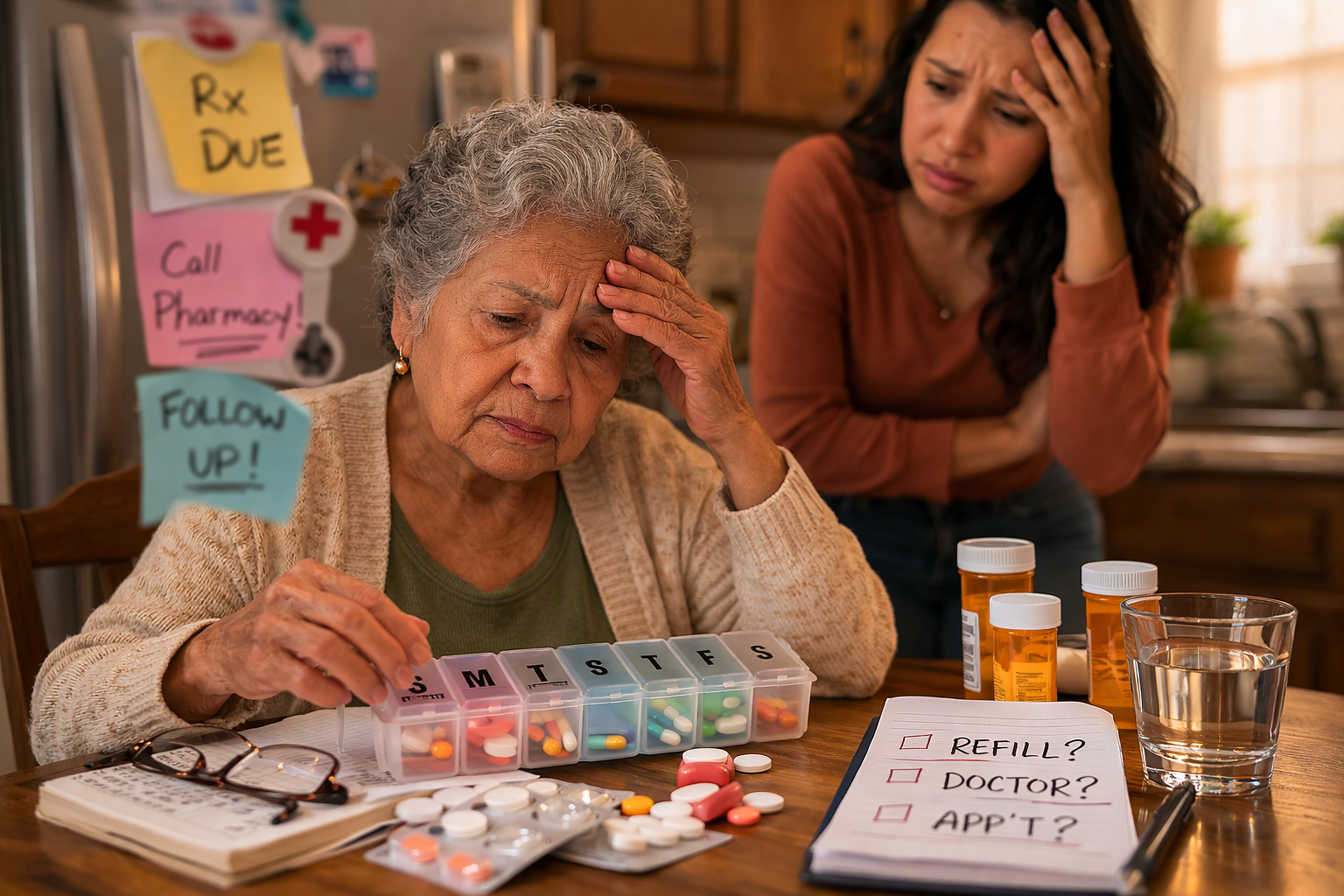 An elderly woman sitting at a table with her hand on her forehead, looking frustrated while sorting pills in a daily pill organizer. A younger woman stands nearby with a worried expression. On the table are bottles of medication, a glass of water, a 