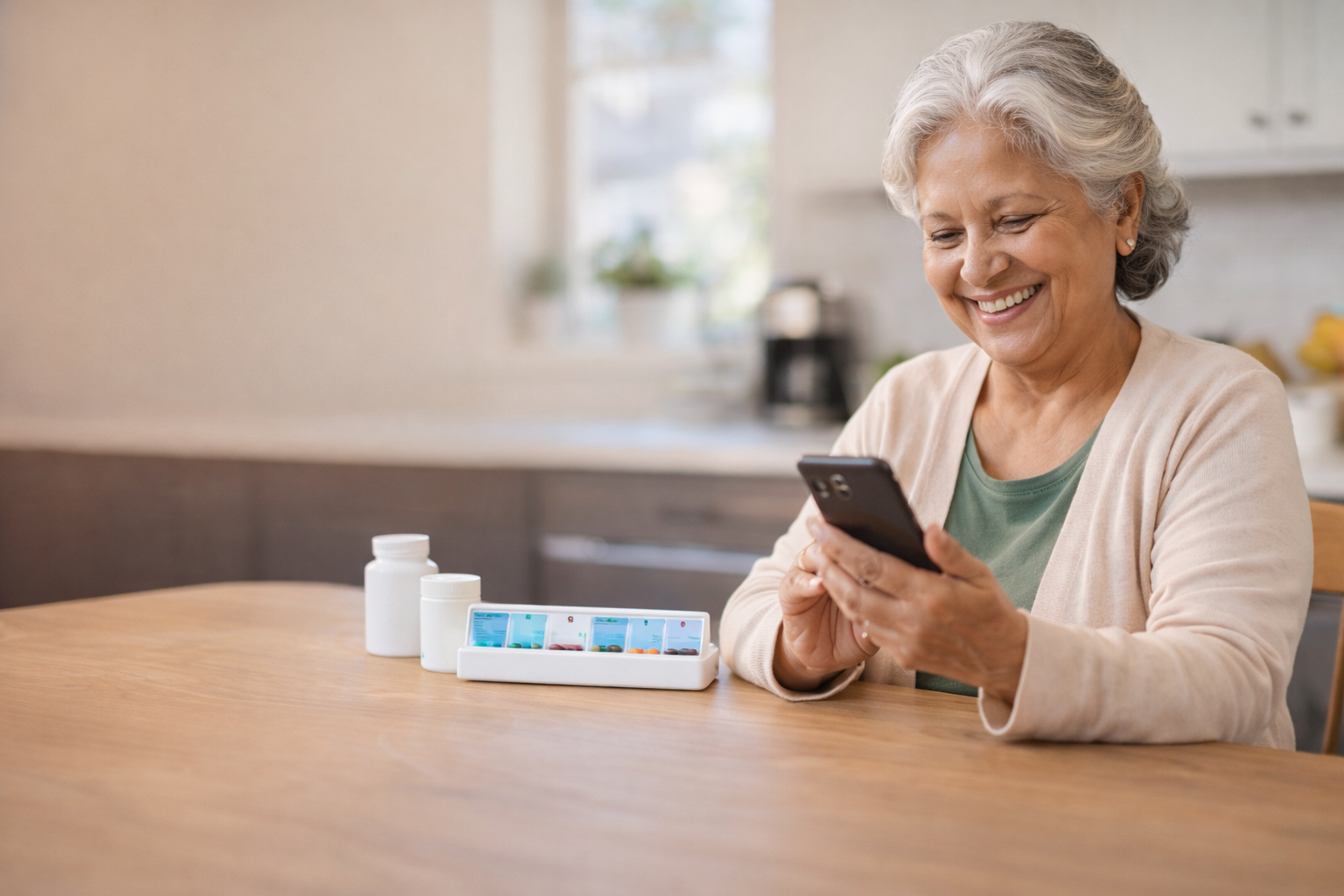 An elderly woman smiles while looking at her smartphone, seated at a kitchen table with medication bottles and a pill organizer in front of her.
