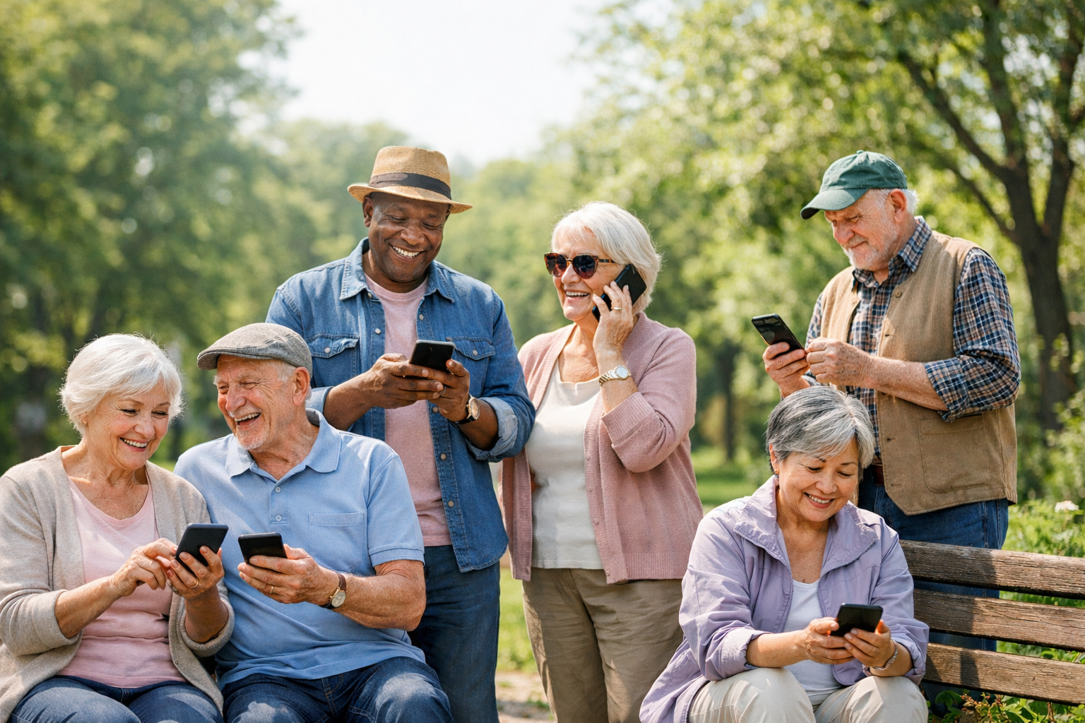 Six elderly people are outdoors in a park, smiling and looking at their smartphones, enjoying a sunny day.