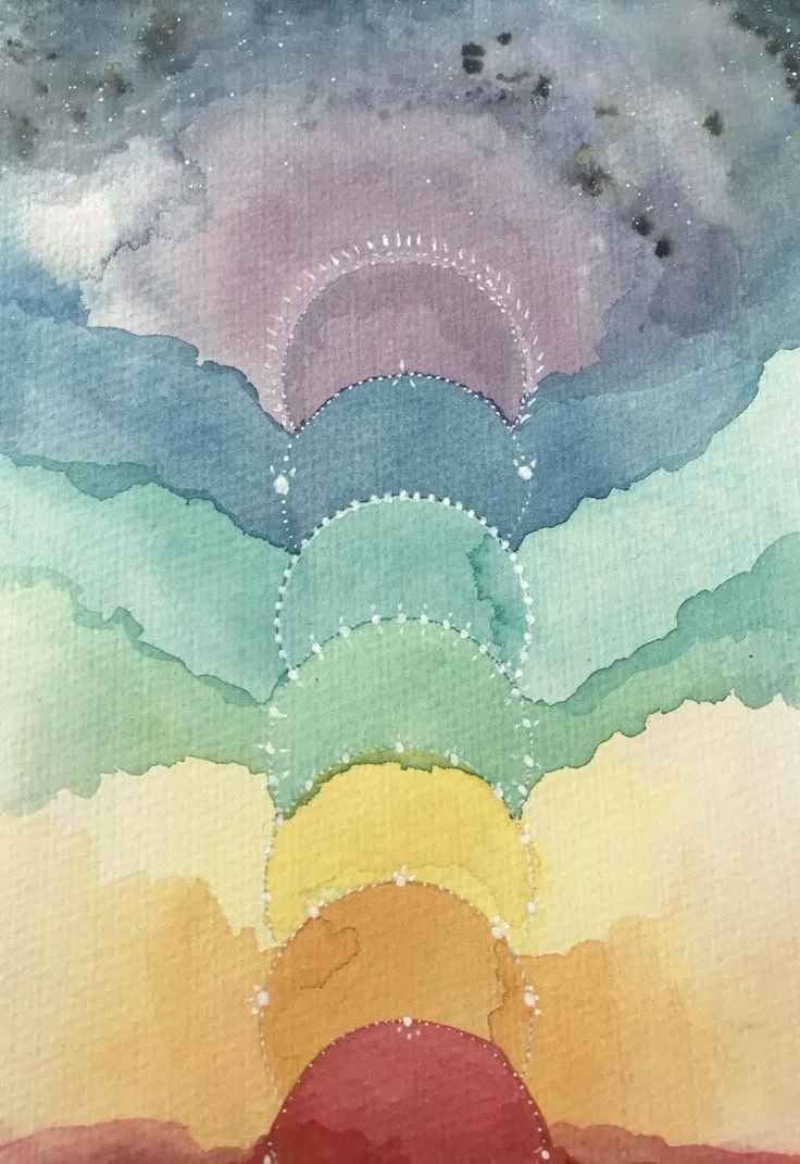 Abstract watercolor painting with layered arcs in rainbow colors, featuring dotted white lines.
