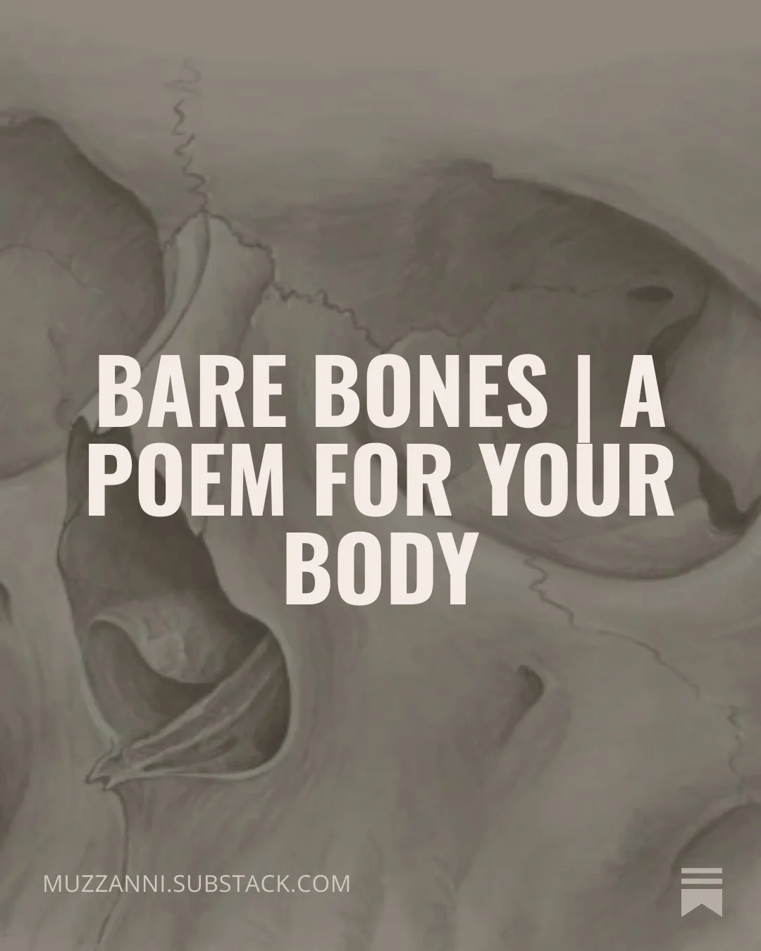 Bare Bones | a poem for your body - a black, white, and grey photo of a skull in the background
