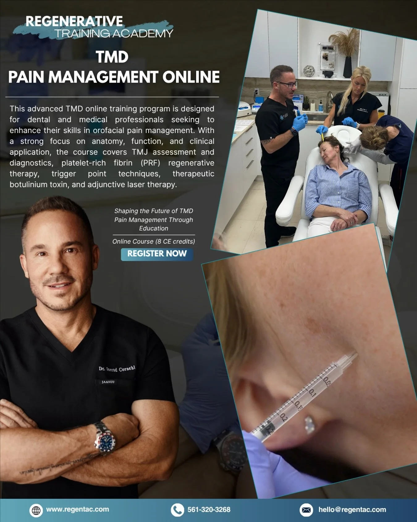 Our TMD Pain Management Online Course gives you the kind of real, usable tools that make a difference. Learn to confidently evaluate TMJ problems, deliver therapeutic Botox and trigger-point injections, use PRF in joint therapy, and harness photobiom