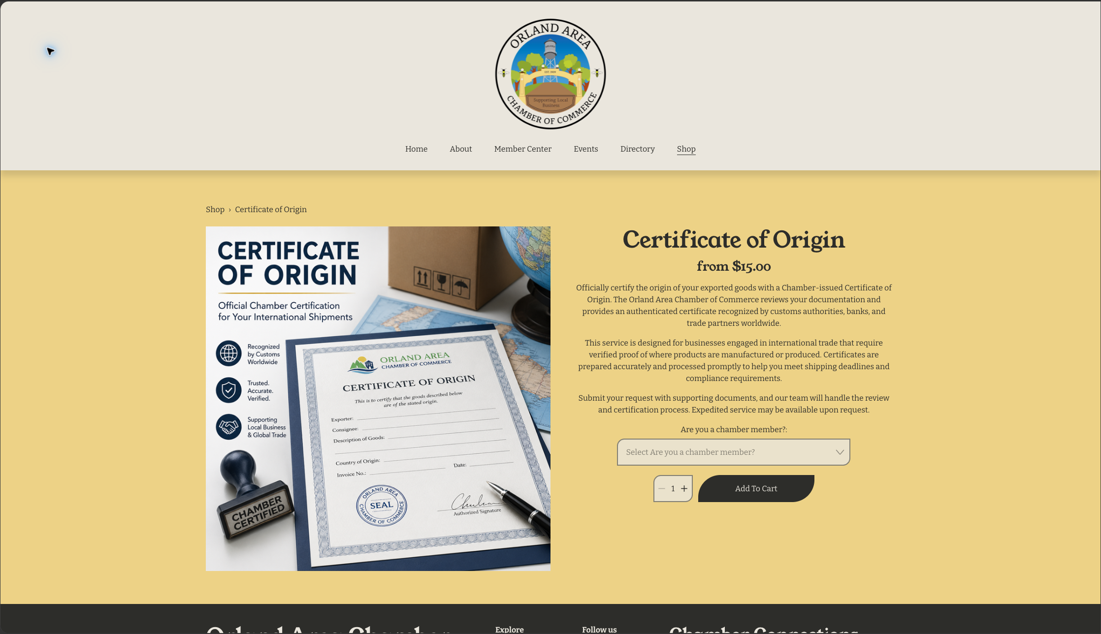 Live Orland Area Chamber of Commerce Certificate of Origin product page with service details, member selection, quantity, and Add to Cart controls.