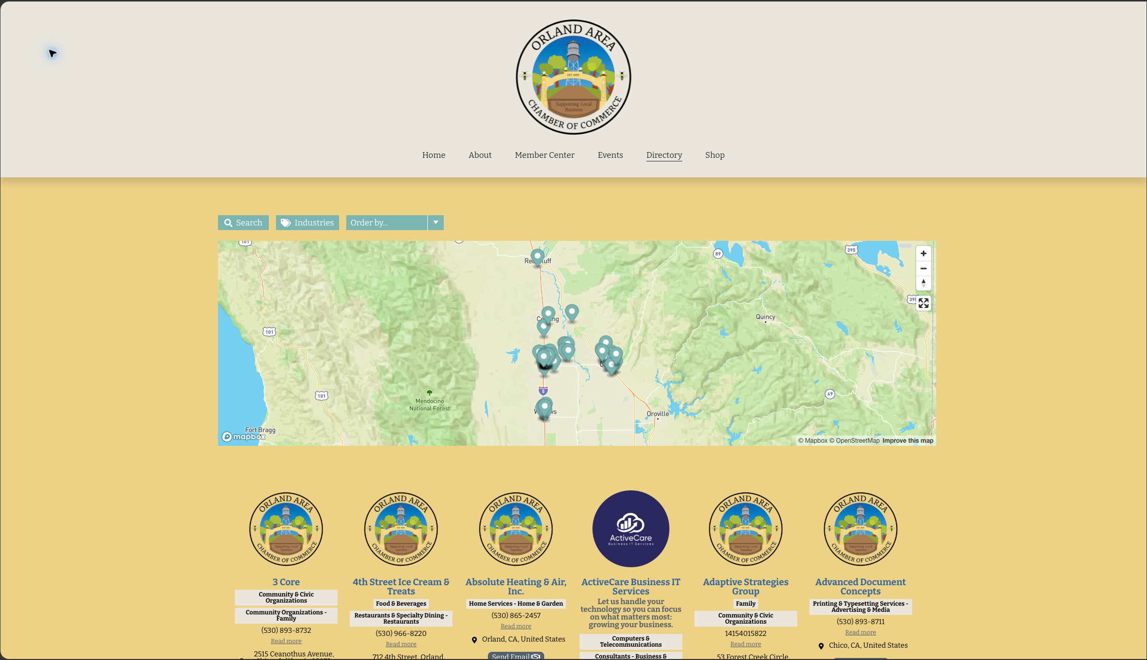 Live Orland Area Chamber of Commerce directory showing the site navigation, search and industry controls, member map, and business listings.