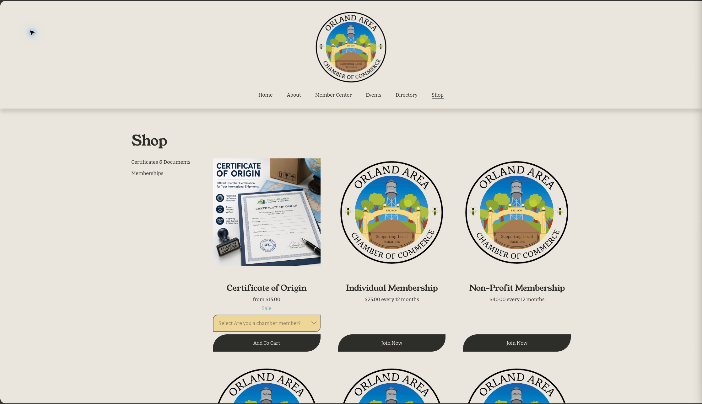 Live Orland Area Chamber of Commerce shop showing Certificates of Origin and membership options available for online purchase.