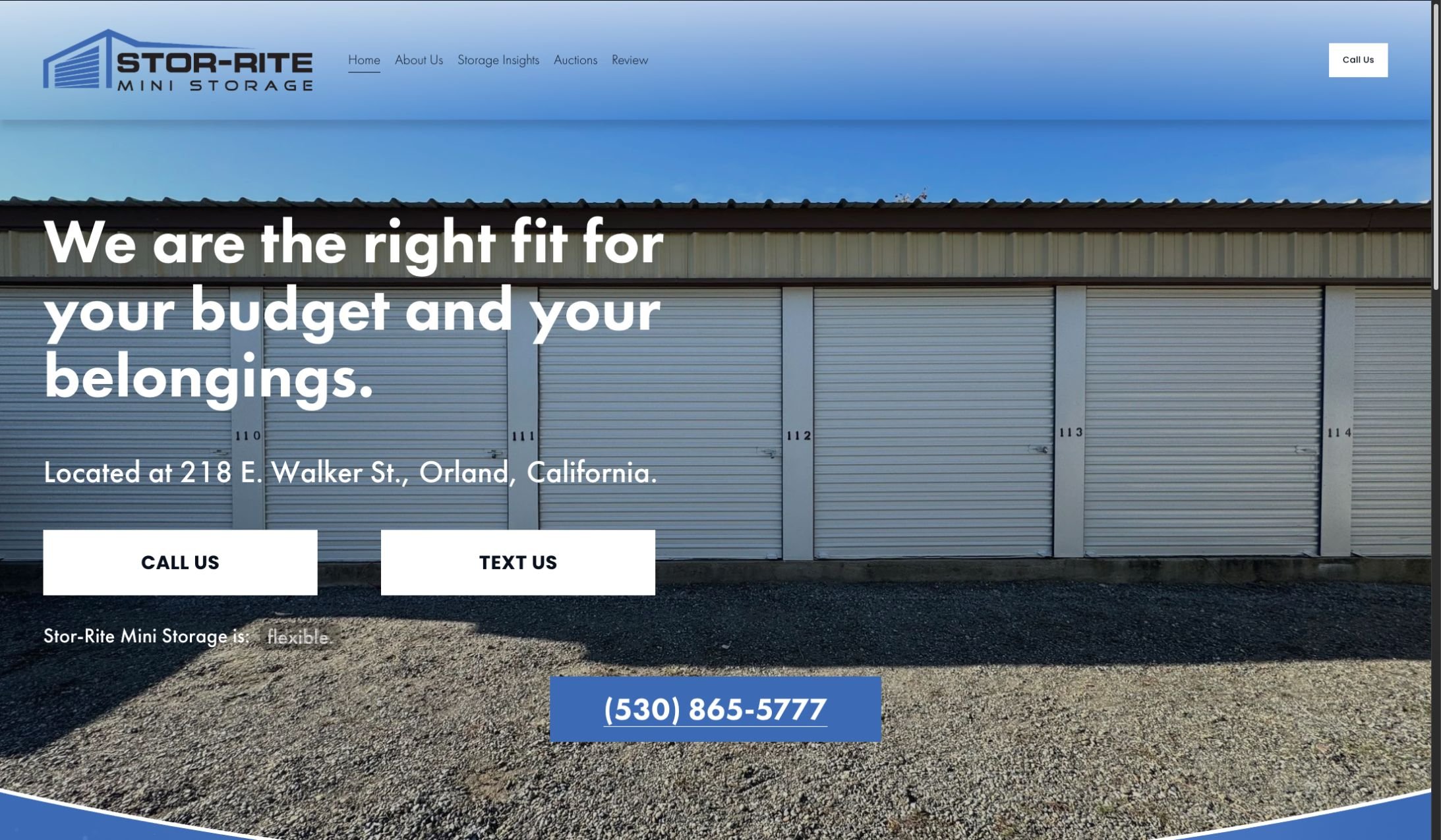 Updated Stor-Rite Mini Storage homepage with blue branding and a photograph of the storage units in Orland.