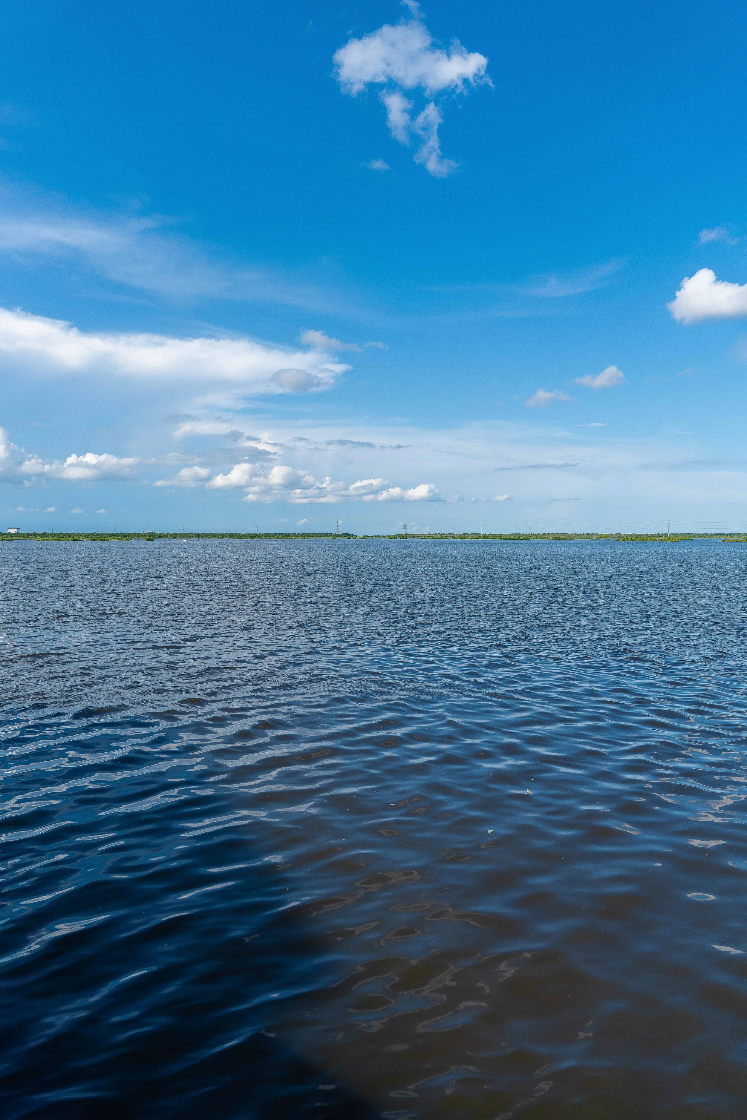 A wide view of a body of water with small waves, a strip of land with some structures in the distance, and a bright blue sky with scattered clouds.