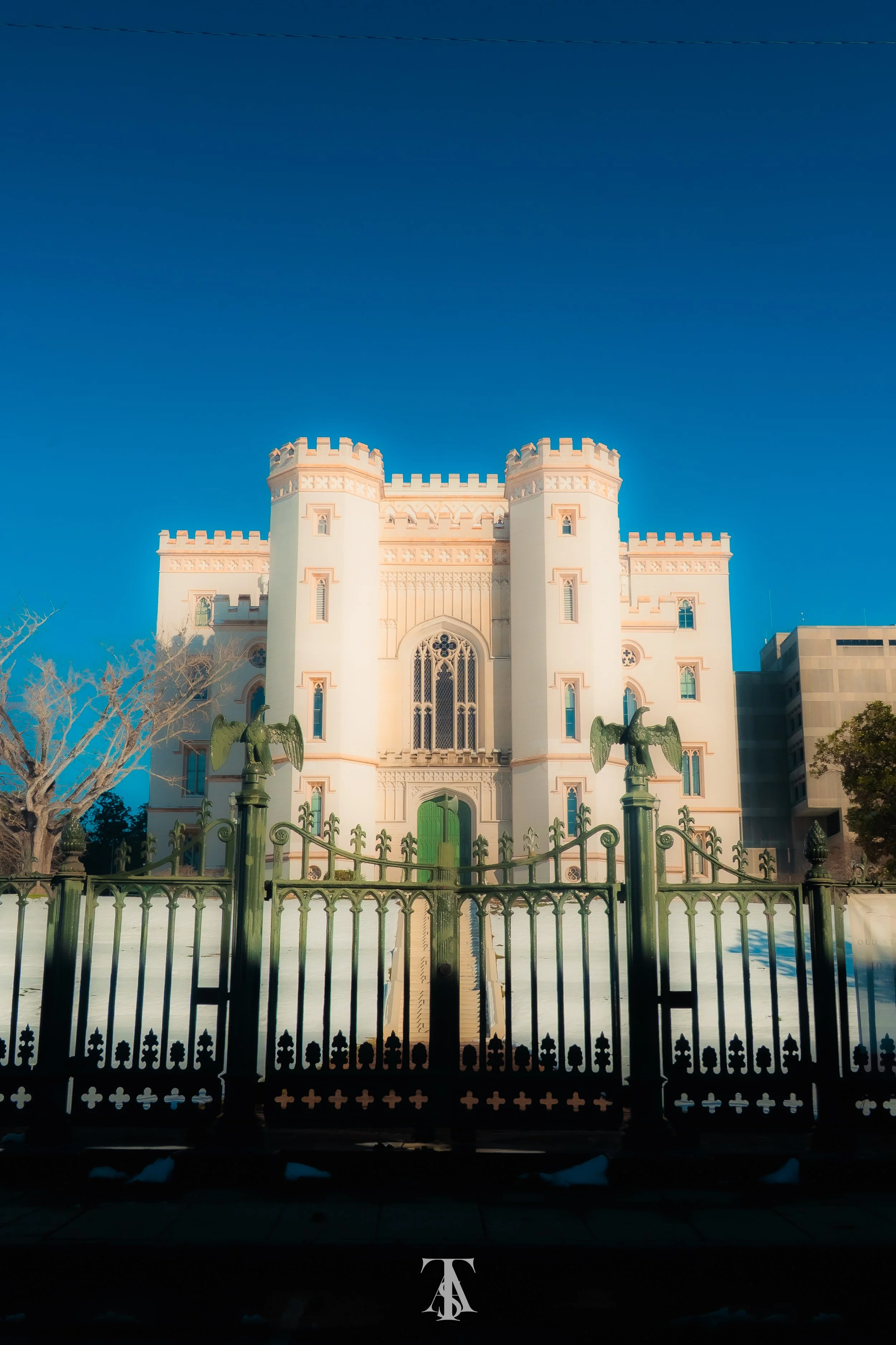 A large, white castle-like building with turrets, decorative windows, and an arched entrance, surrounded by a green wrought-iron fence, set against a clear blue sky and flanked by trees.