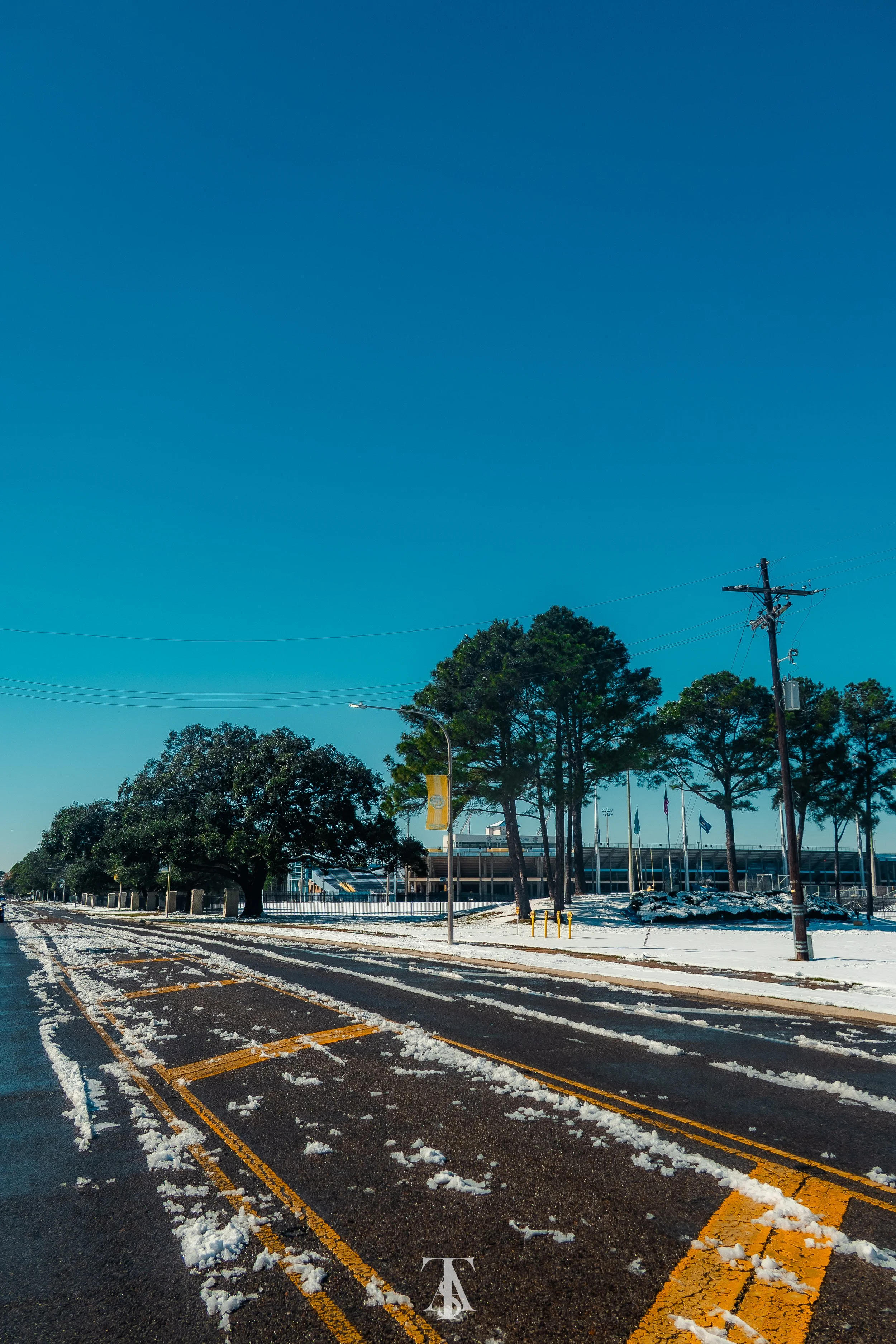 Empty street with snow, trees, and parking lines, near a stadium with flags flying, under a clear blue sky.