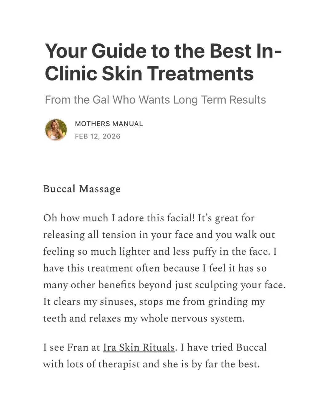 Featured in @motherspf guide to the best in-clinic skin treatments &mdash; specifically for buccal massage and lymphatic work alongside @the__calmm and @comma.spaces 🫶🏻

&lsquo;I have tried buccal with lots of therapists and she is by far the best.