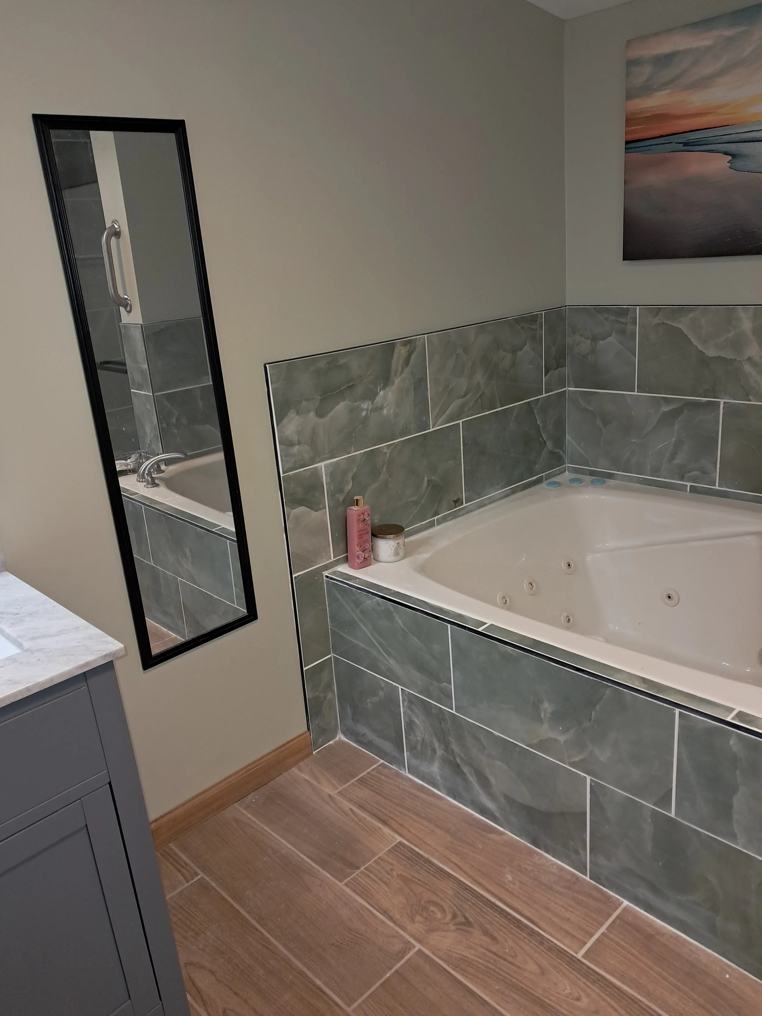 Modern bathroom remodel with tile.