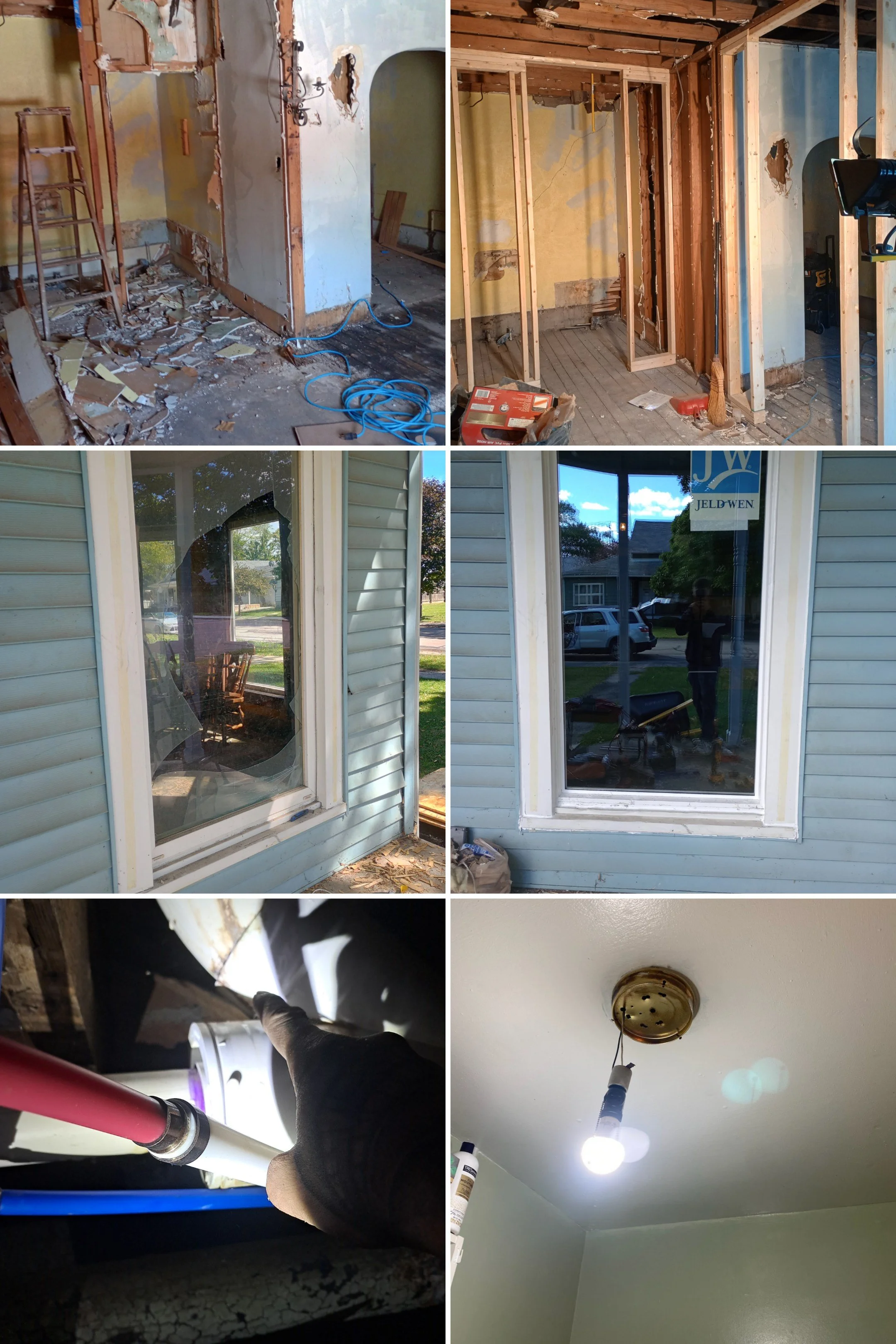 Home renovation images including demolition, window installation, plumbing, and lighting.