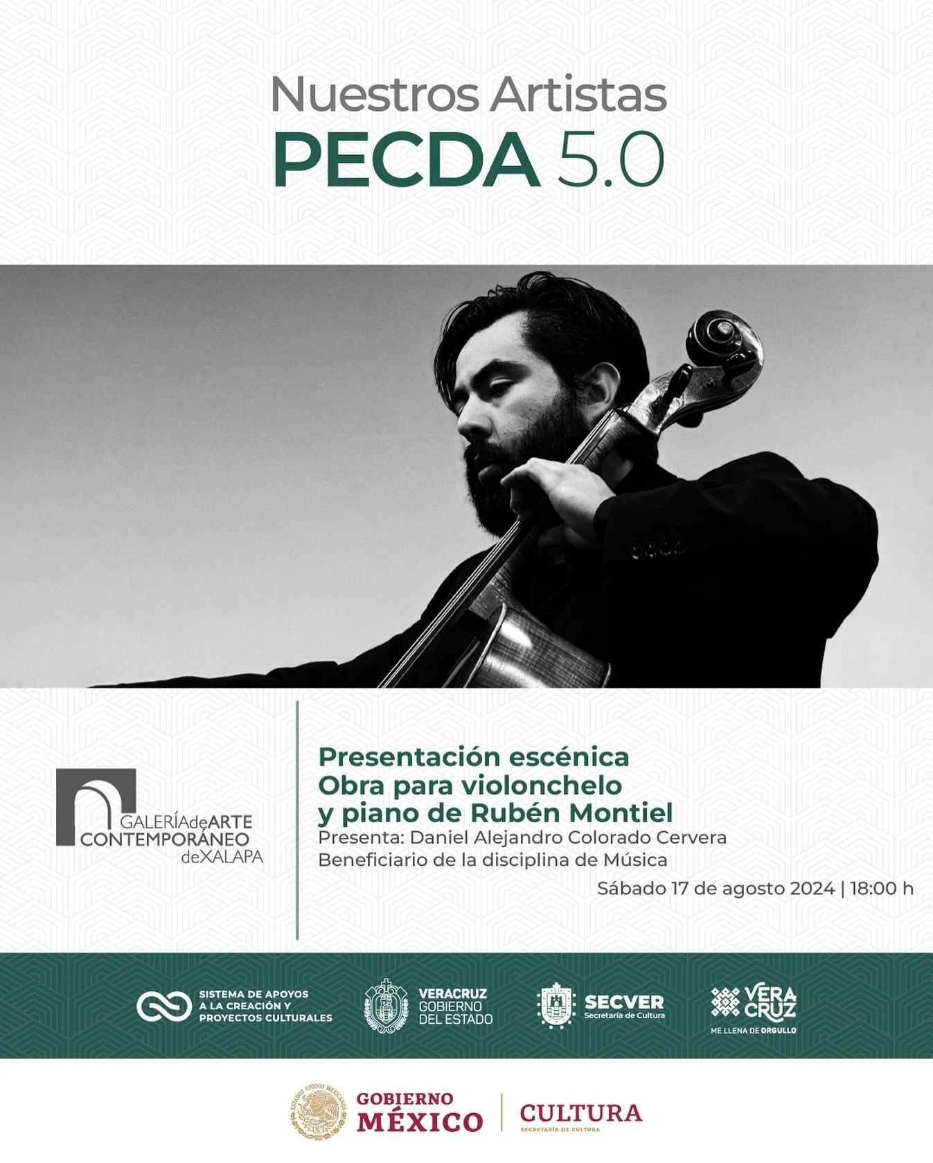 Concierto. M&uacute;sica para violonchelo y piano de Rub&eacute;n Montiel. 

El s&aacute;bado 17 de agosto de 2024 a las 18:00 horas, en la Galer&iacute;a de Arte Contempor&aacute;neo de Xalapa, se realizar&aacute; la presentaci&oacute;n del &aacute;