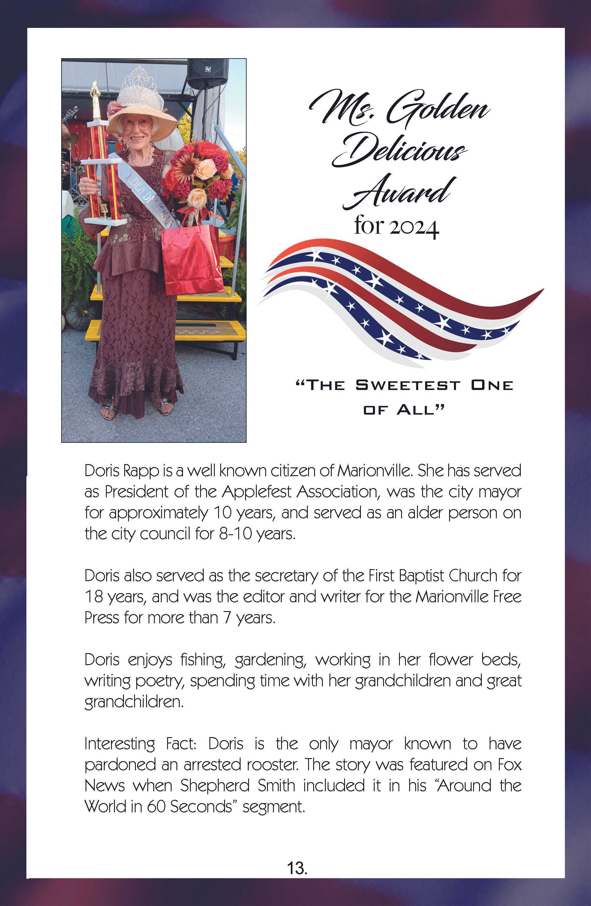 A smiling elderly woman holding a trophy, bouquet of flowers, and a red gift bag, dressed in a burgundy lace dress with a sash that reads "Golden Delicious," wearing a wide-brimmed hat with decorative netting, standing outdoors at a celebration event.