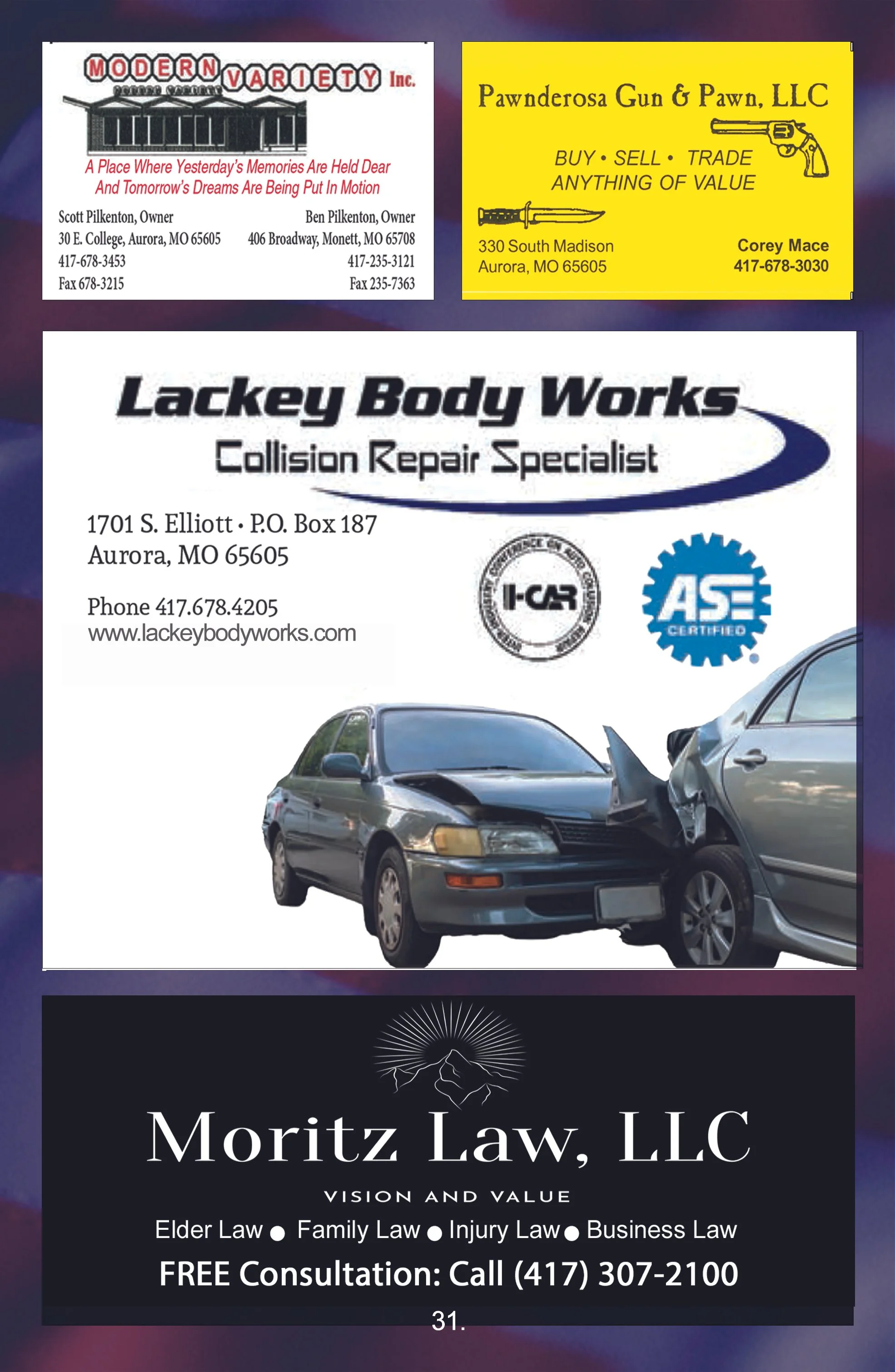 A collection of business cards and advertisements, including a receipt from Modern Variety Inc., an ad for Pawnderosa Gun & Pawn LLC, a business card for Lackey Body Works, and a legal services advertisement for Moritz Law LLC featuring a car accident image.
