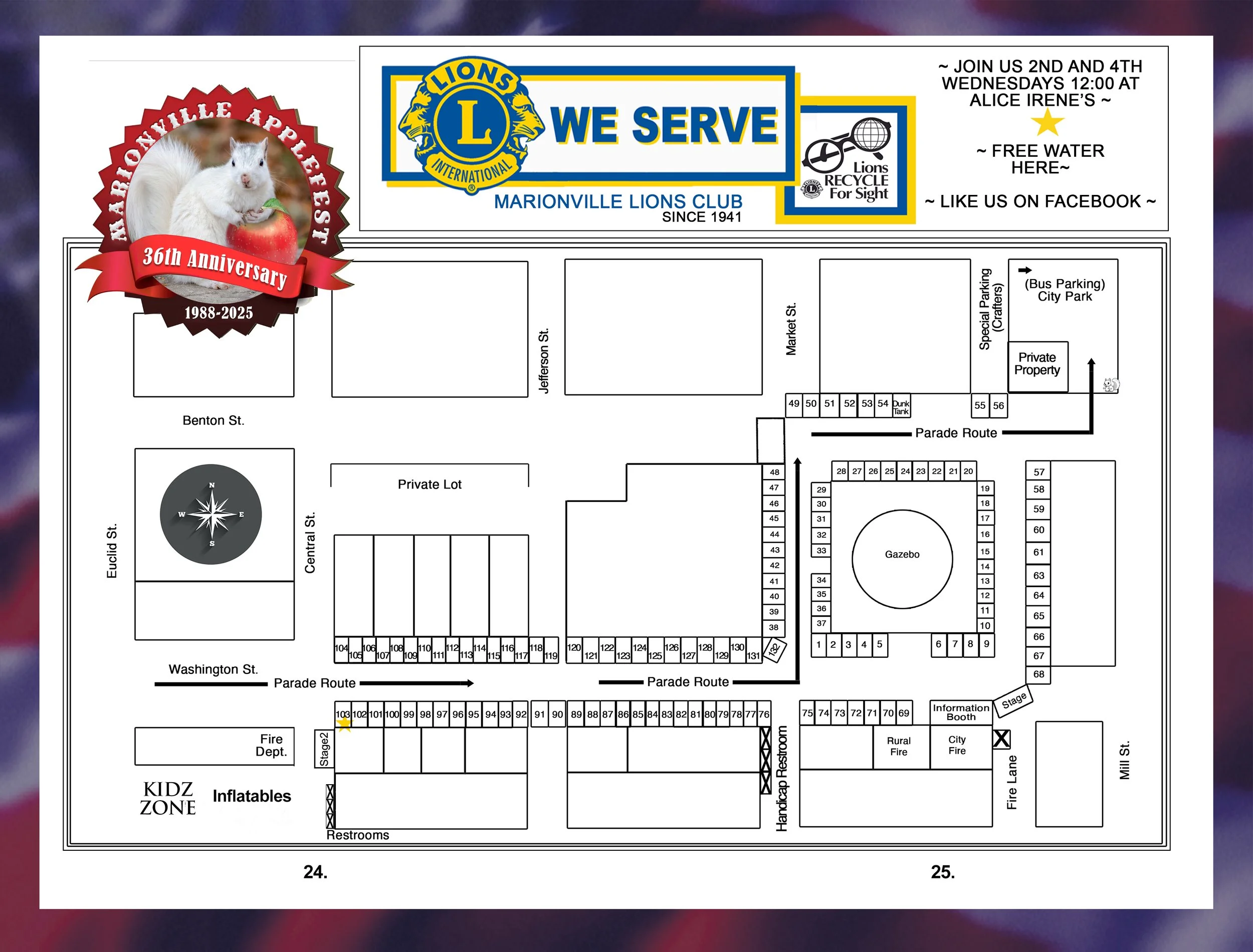 Event map for Marionville Lions Club with a 36th anniversary graphic featuring a white mouse and apple, parking and parade route details, a gazebo, restrooms, and designated zones for inflatables and fire departments.