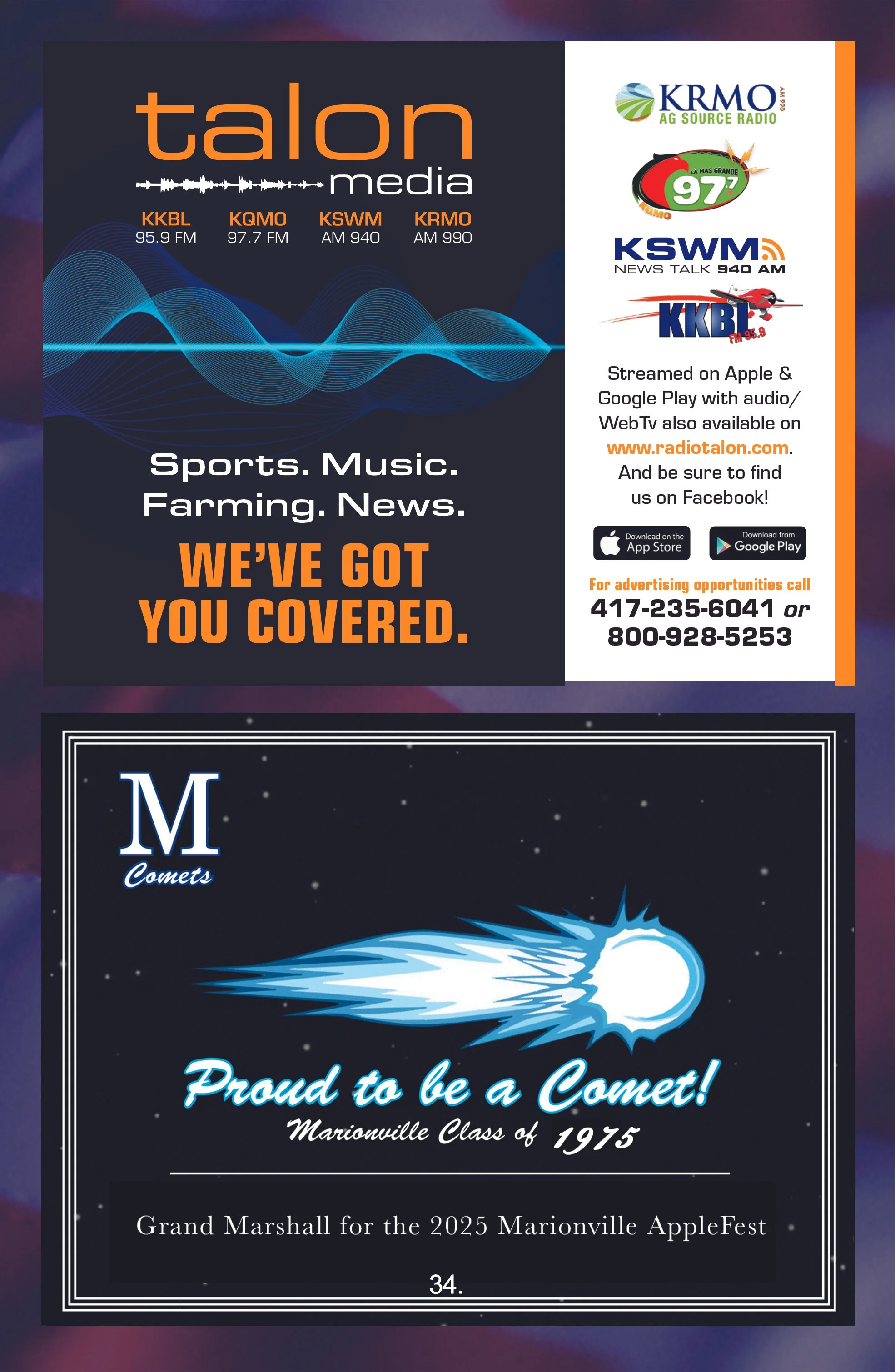 Top: Advertisement for Talon Media radio station, featuring logos of radio channels, contact info, and a slogan. Bottom: Map of a comet with text celebrating Marionville's class of 1975 and a mention of the 2025 Marionville AppleFest.