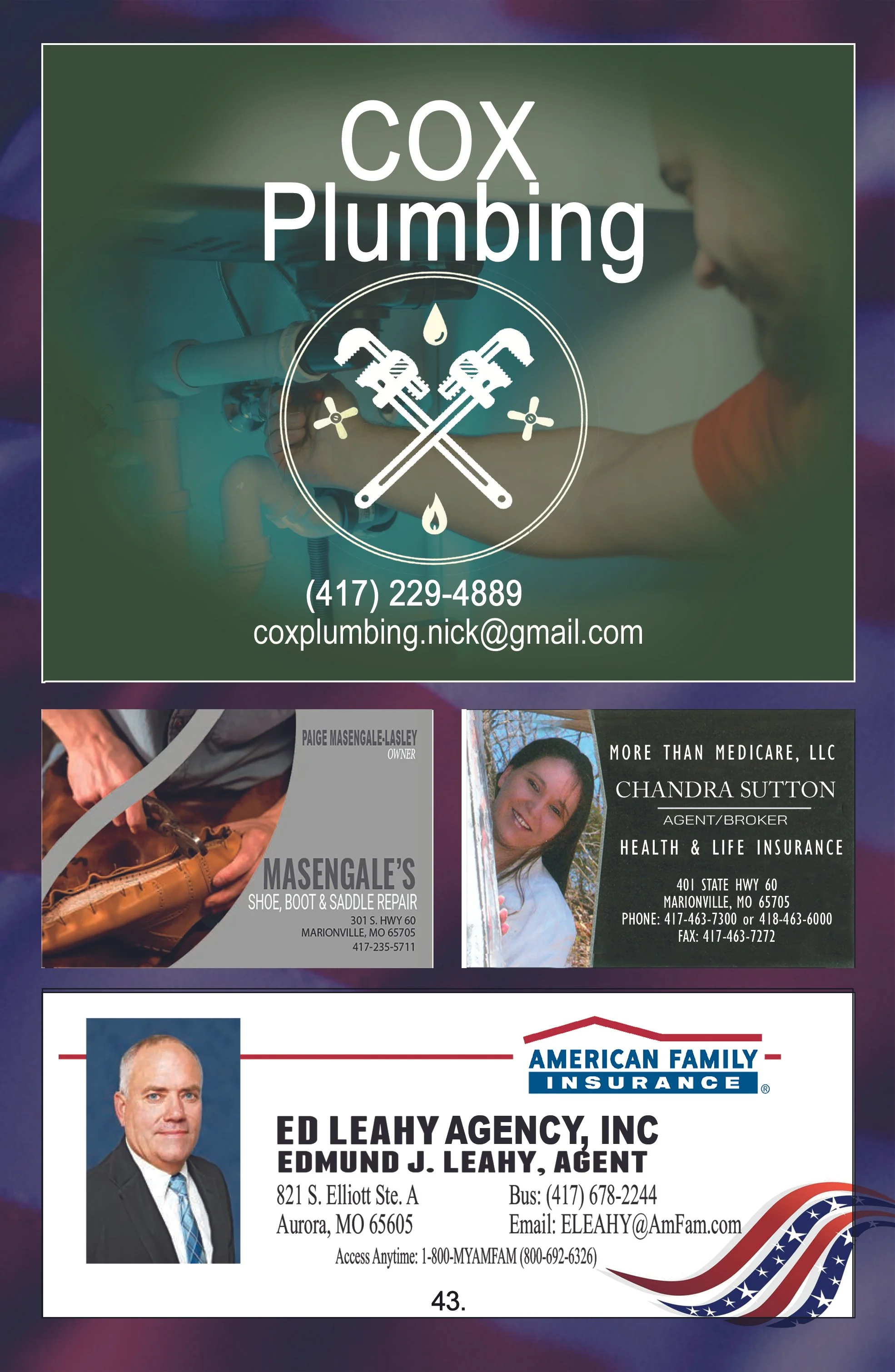 Business card for Cox Plumbing featuring logo with wrenches and drops of water, contact information, and an image of a plumber working on pipes.