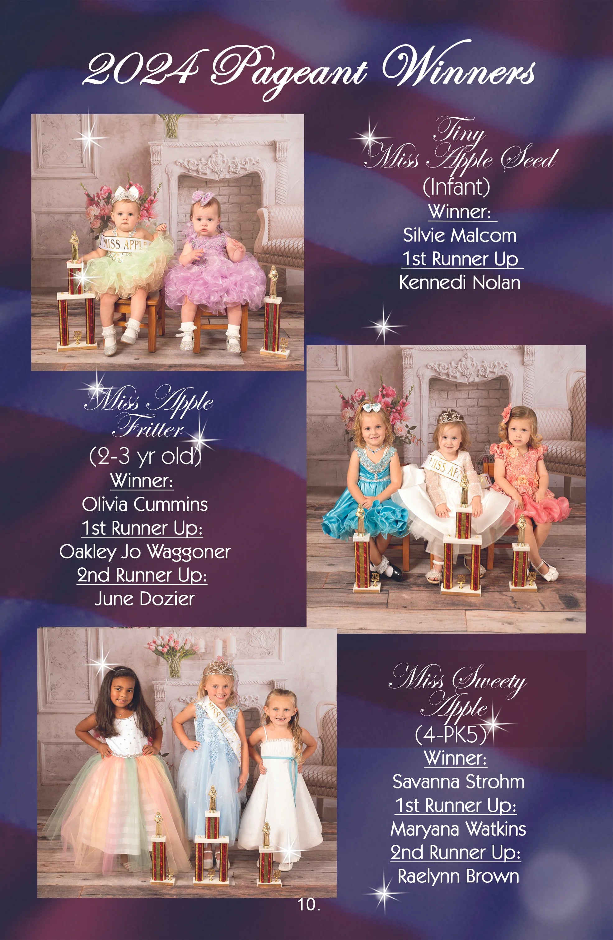 Poster listing winners of the 2024 Pageant with three photos of young girls in fancy dresses holding trophies and crowns, alongside their names and runner-up details.