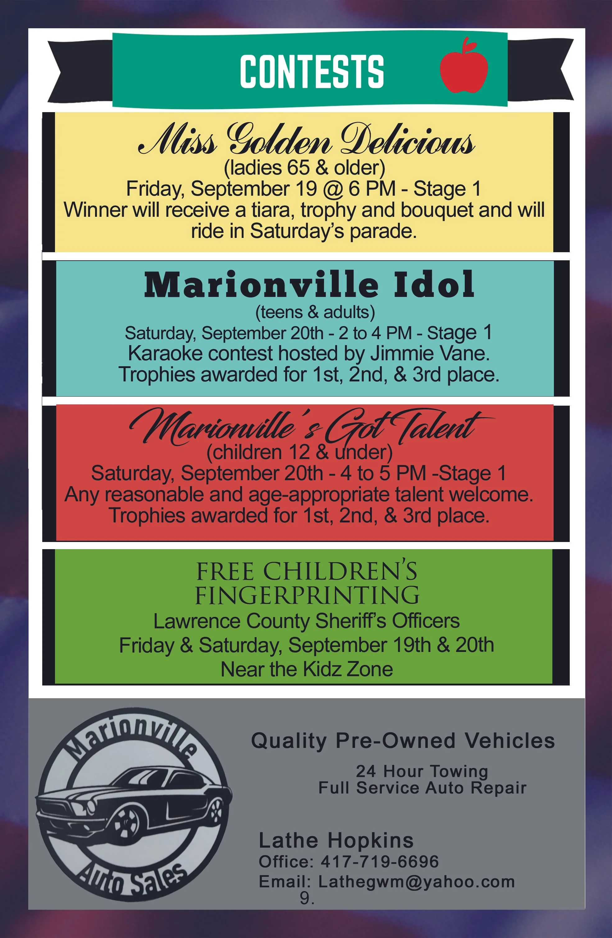 A colorful flyer with various contest and event announcements, including a Miss Golden Delicious contest for women 65 and older, a Marionville Idol karaoke contest for teens and adults, a Marionville's Got Talent show for children 12 and under, and free children’s fingerprinting by Lawence County Sheriff’s Officers on September 19 and 20. It features a logo of a black vintage car and contact information for Marionville Auto Sales.