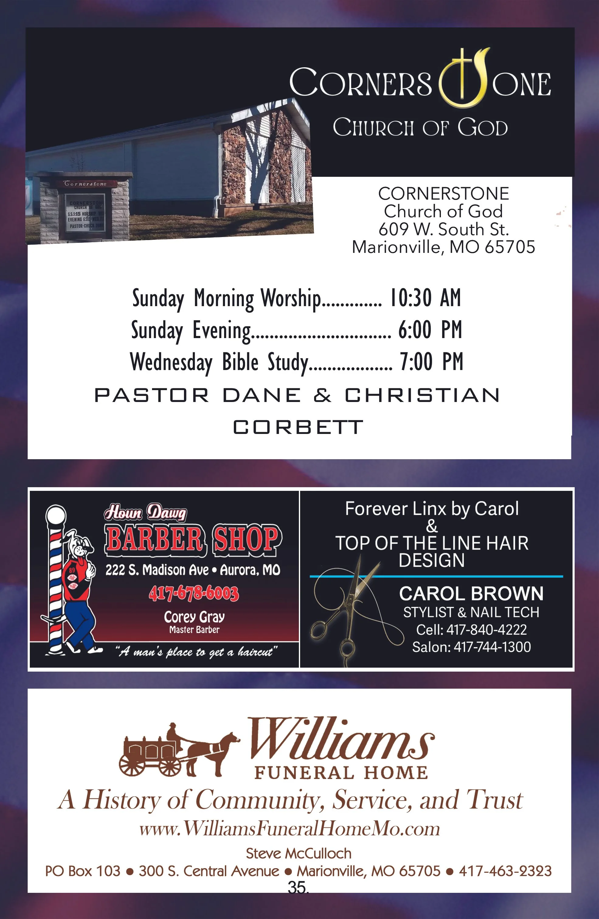Community bulletin board featuring advertisements for churches, a barber shop, a funeral home, and contact information.