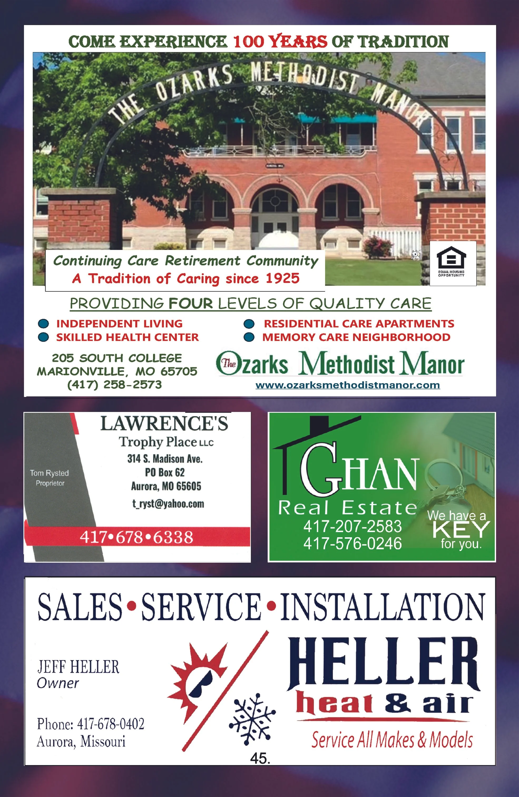 Advertisement showcasing various services including a retirement community, real estate, and HVAC services with related contact information.