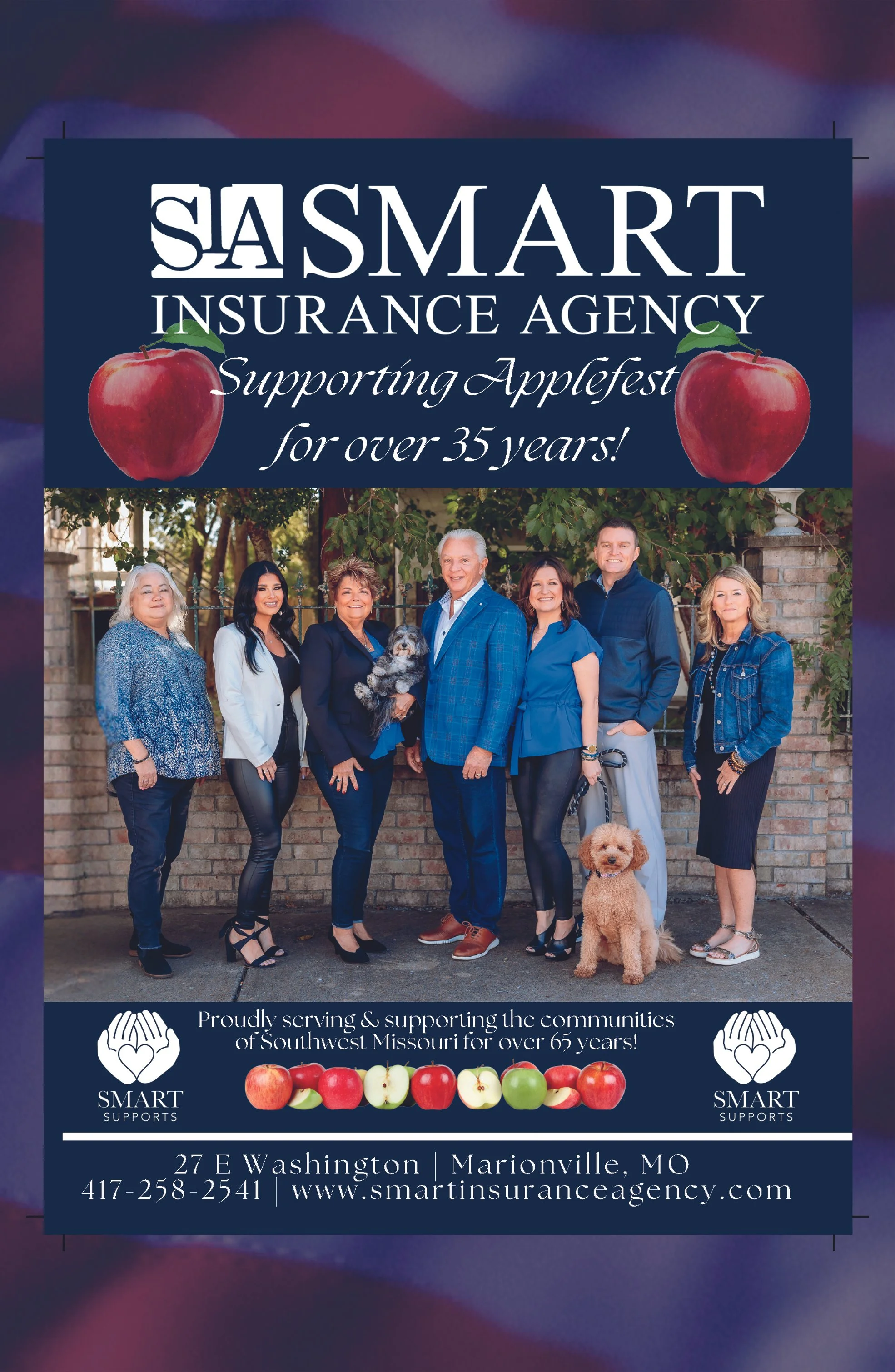 A promotional flyer for SA Smart Insurance Agency supporting Applefest, featuring a group photo of seven people with two dogs, an array of apples, and the agency's contact information at the bottom.