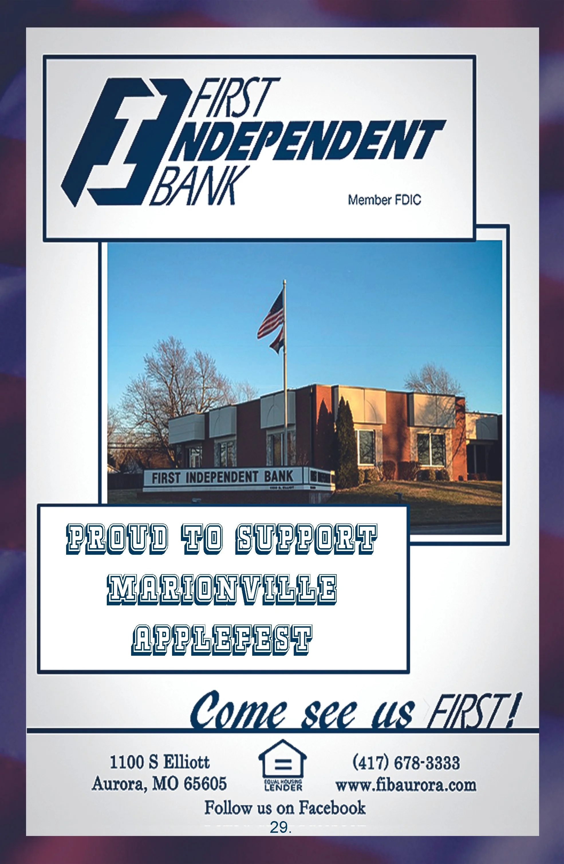 Flyer for First Independent Bank supporting Marionville Applefest, featuring a building with a sign, American flag, and contact information.