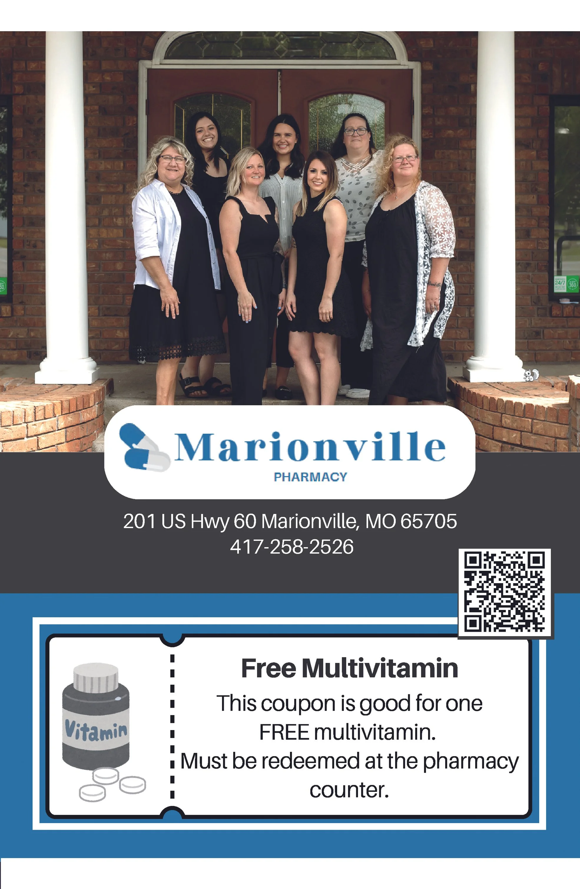 Group of women standing on porch in front of pharmacy building