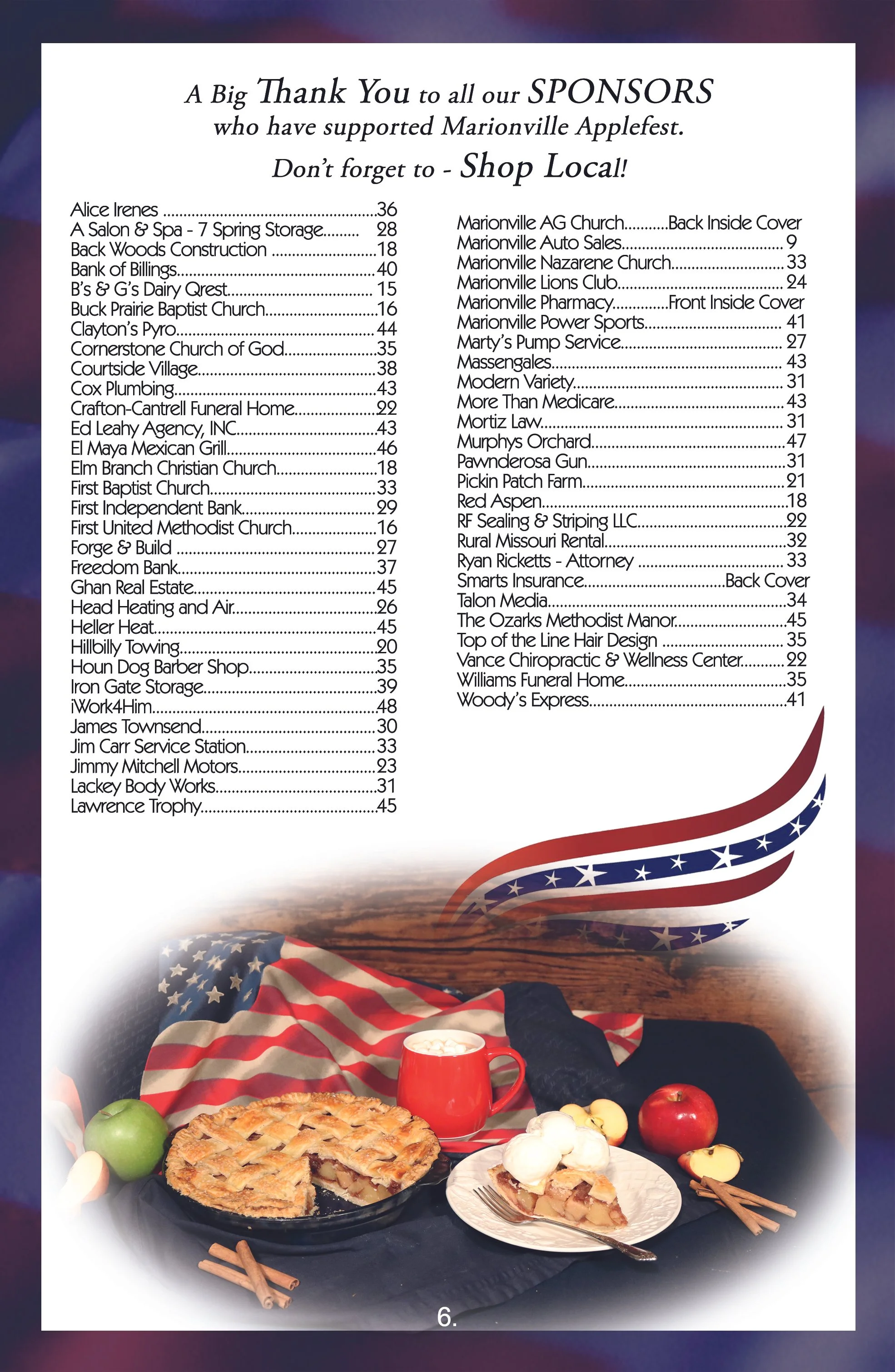 A thank you note listing sponsors of Marionville Applefest with a photograph of apple pie, a slice on a plate, a red mug, apples, cinnamon sticks, and whipped cream, against a patriotic themed tablecloth and a star-spangled decoration.