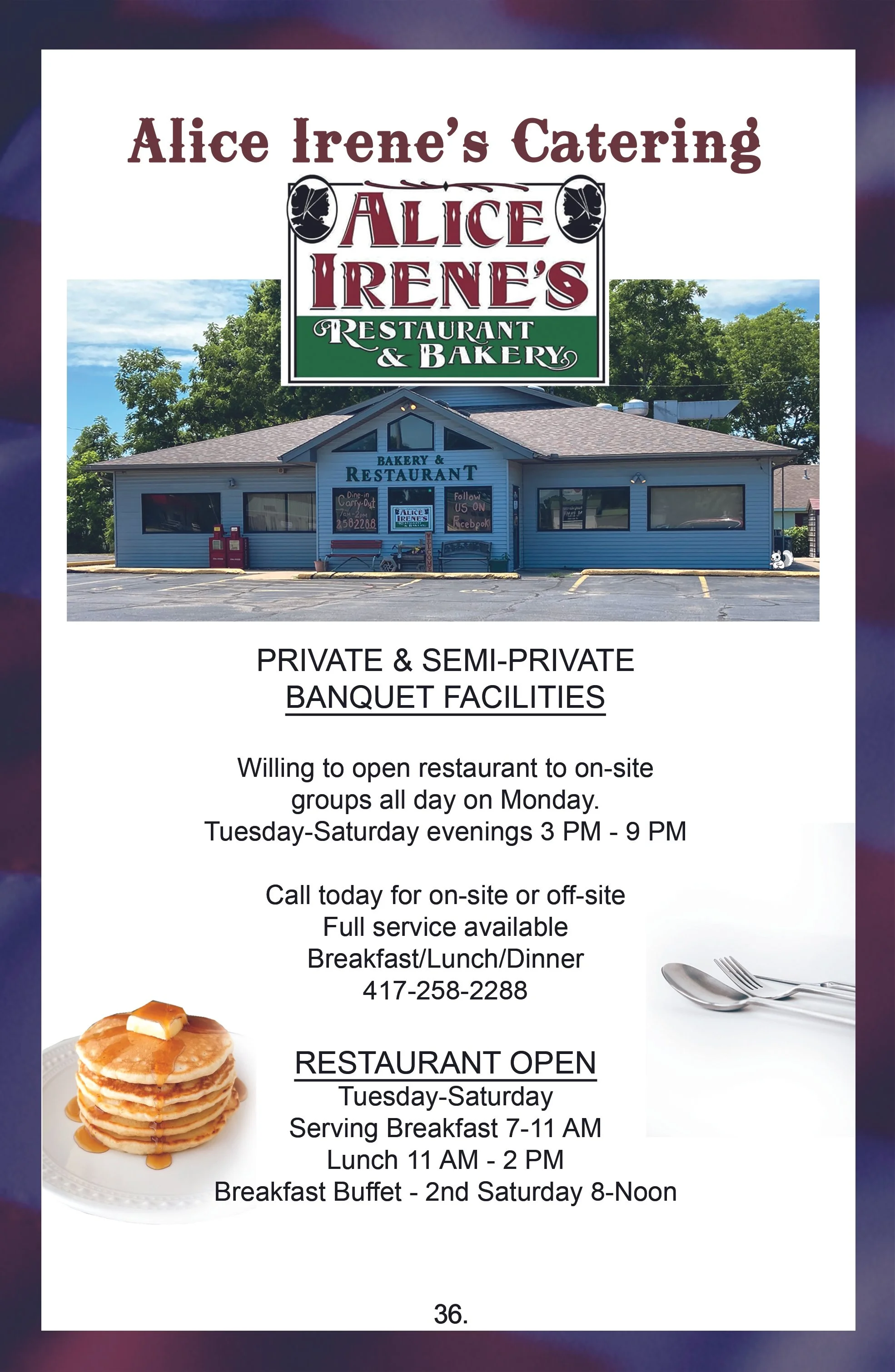 Flyer for Alice Irene's Catering featuring a photo of a restaurant building, images of pancakes with syrup, and utensils.