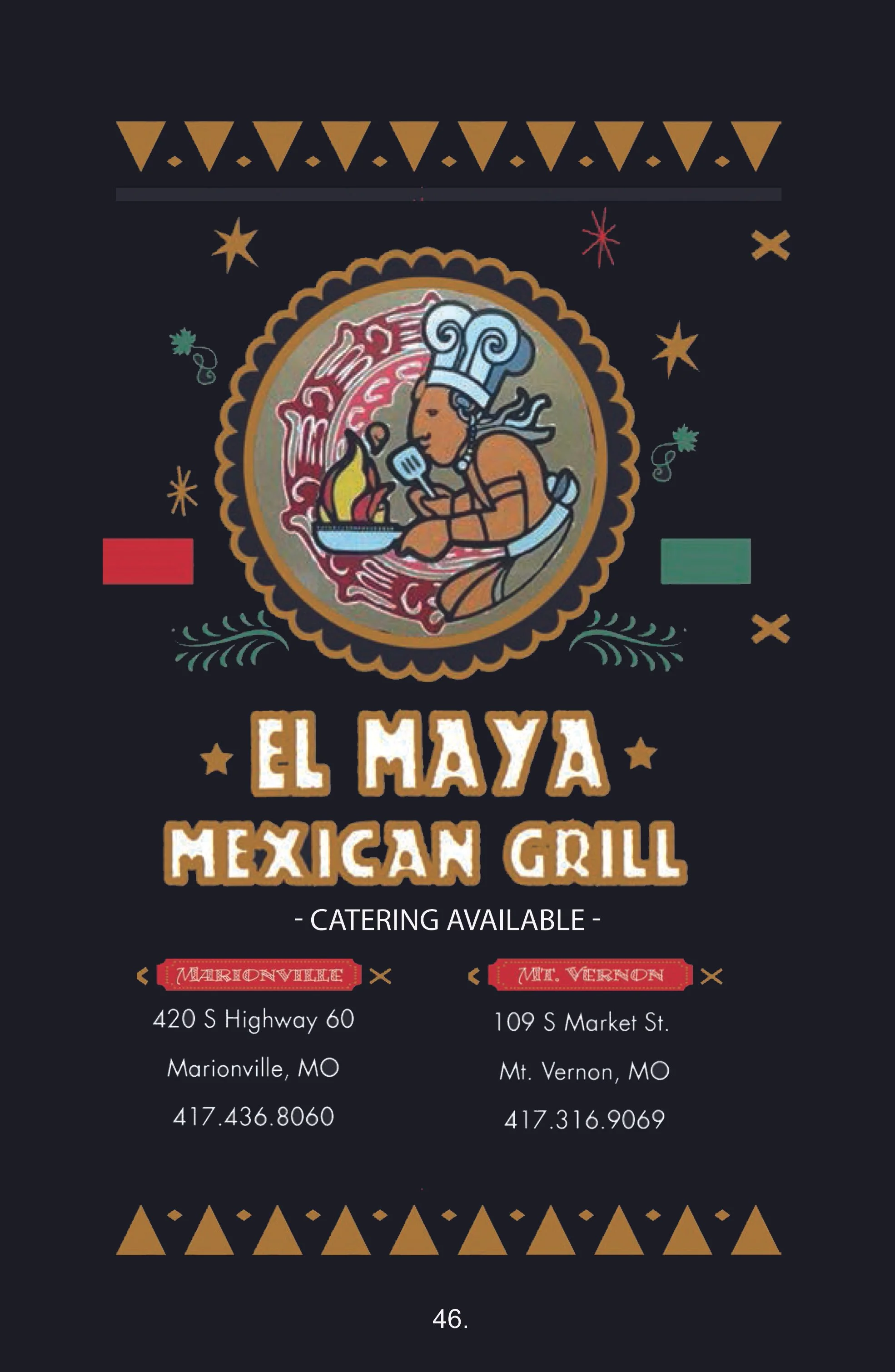 Business flyer for El Maya Mexican Grill featuring a chef illustration with a sombrero, flames, and decorative elements, including stars and geometric patterns, on a dark background.