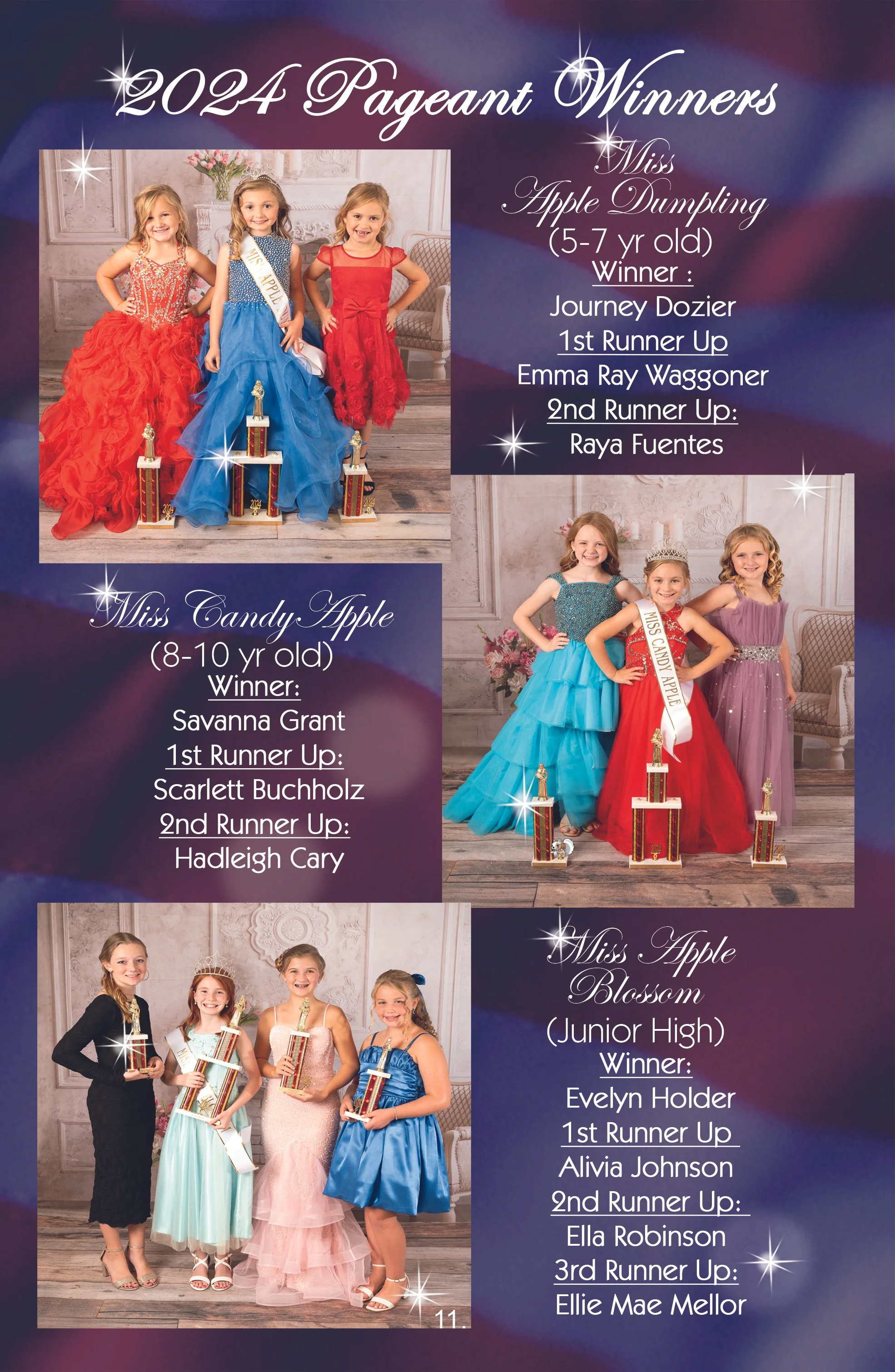 Poster displaying the winners of the 2024 pageant in various age categories. The poster includes three photos of young girls in fancy dresses, each holding trophies and wearing sashes. The categories are Miss Candy Apple (8-10 years old), Miss Apple Dumpling (5-7 years old), and Miss Apple Blossom (Junior High). Each category lists the winner and the runners-up.