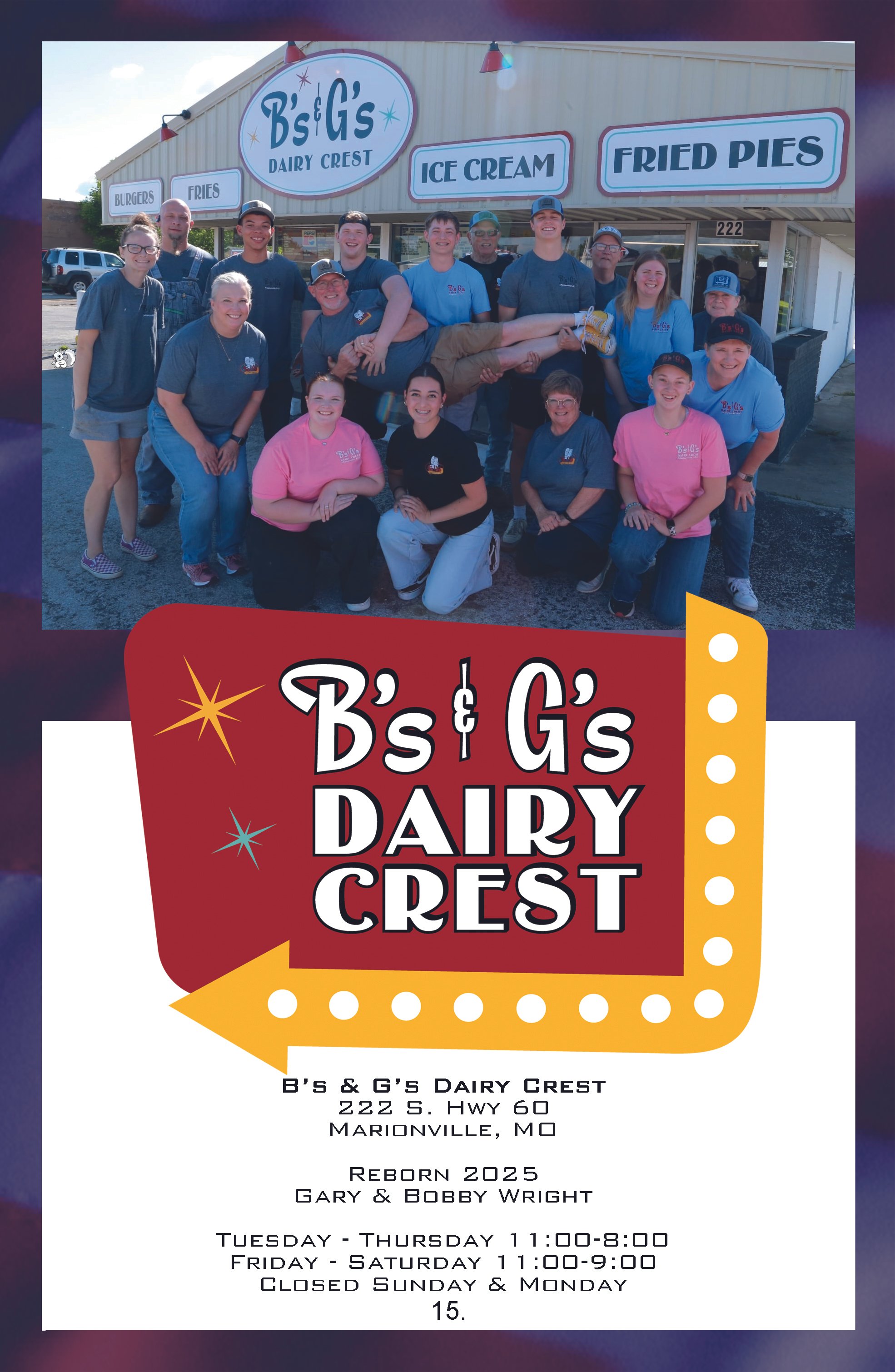 Group of people posing outside Bs G's Dairy Crest store, with signs advertising burgers, fries, ice cream, and fried pies.