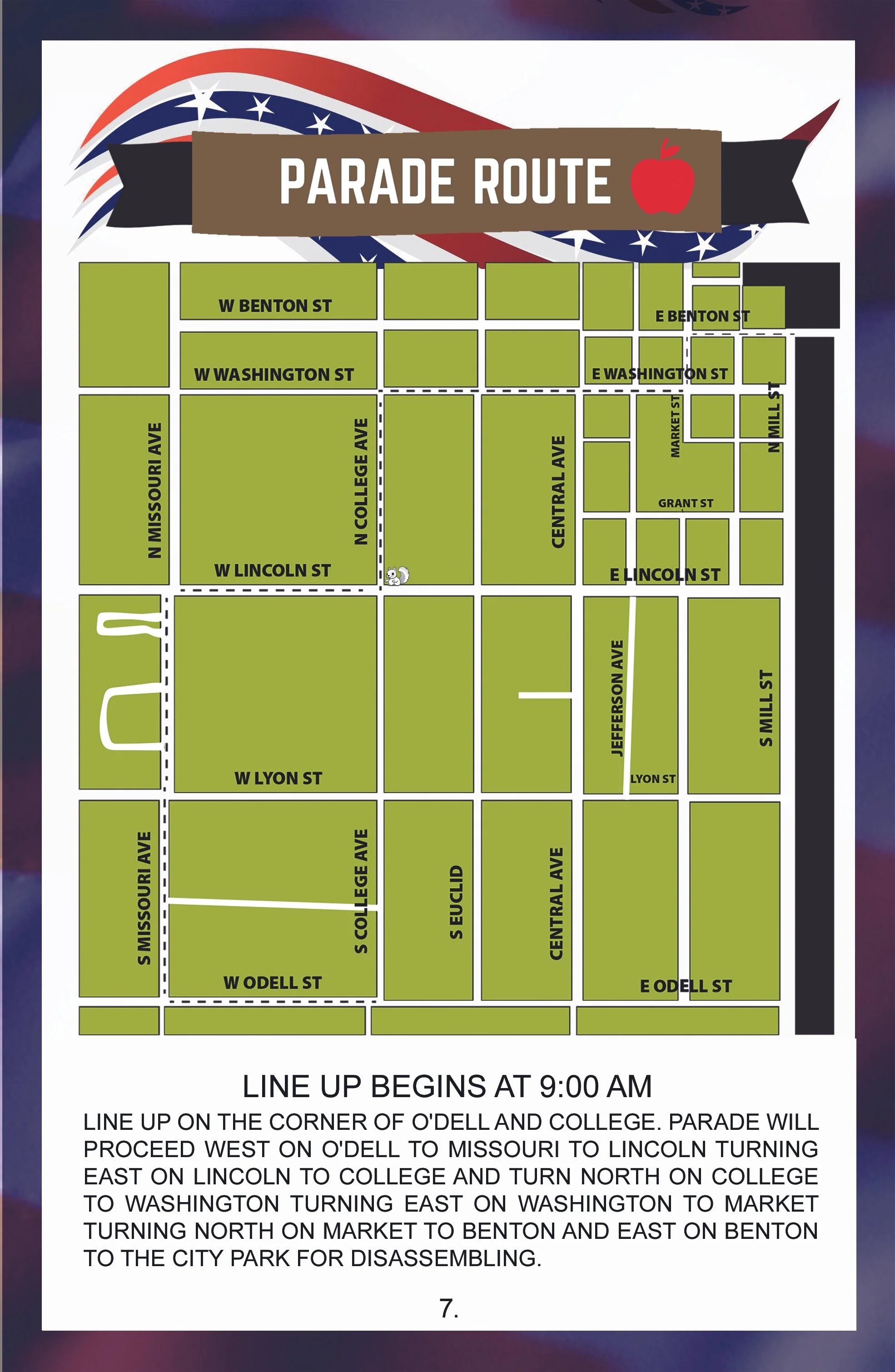 Map of parade route in a city, with streets labeled and highlighted in green, overlaid with a patriotic background featuring red, white, and blue elements, and a banner at the top reading 'Parade Route' with an apple icon.