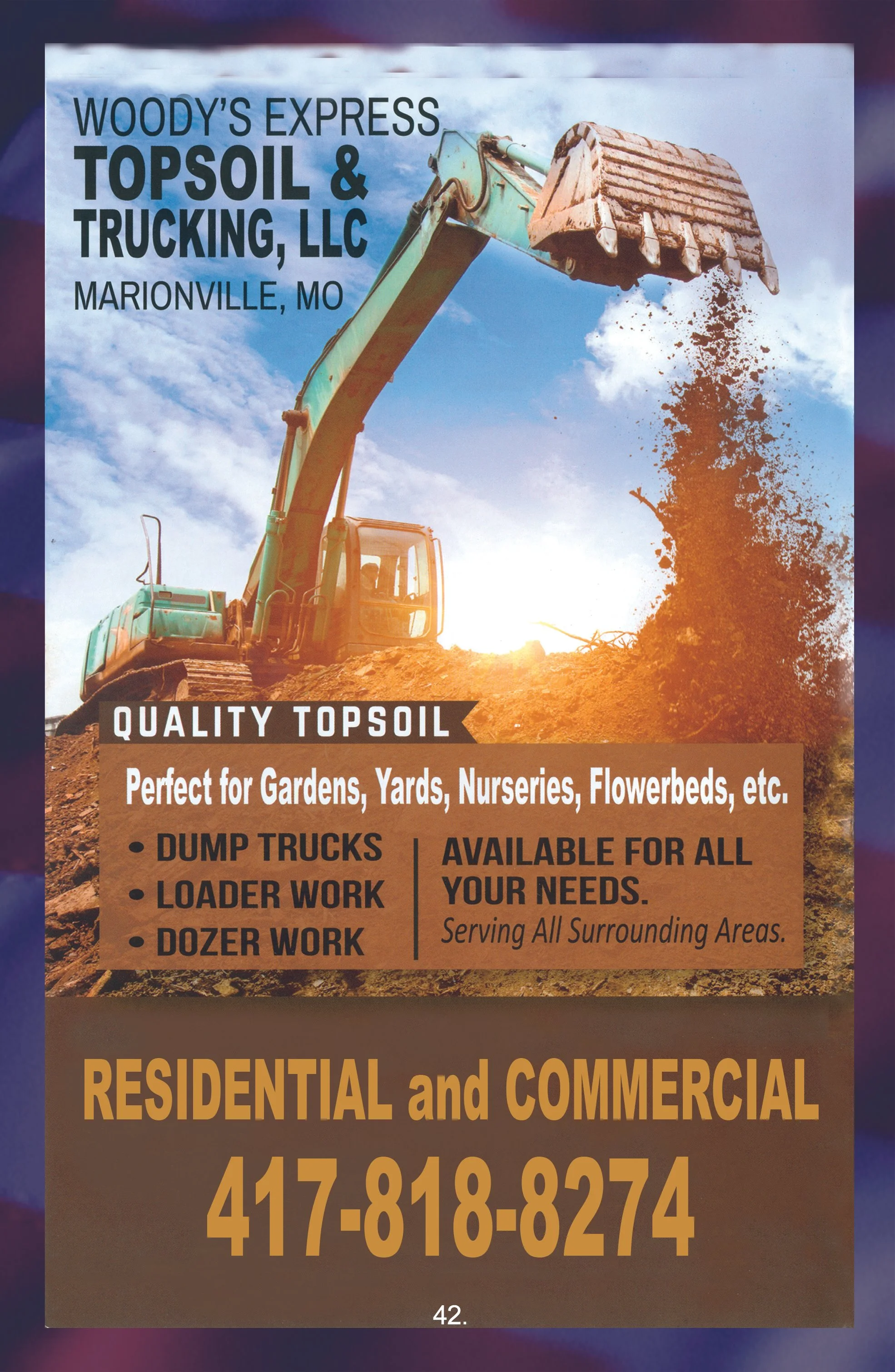 Advertisement for Woody's Express Topsoil & Trucking, LLC in Marionville, MO. Features a large excavator dumping topsoil with a partly cloudy sky in the background. Includes details about their topsoil quality, usage for gardens, yards, nurseries, and flowerbeds, and mentions services such as dump trucks, loader work, and dozer work. Contact number 417-818-8274 is prominently displayed along with a note that they serve all surrounding areas.