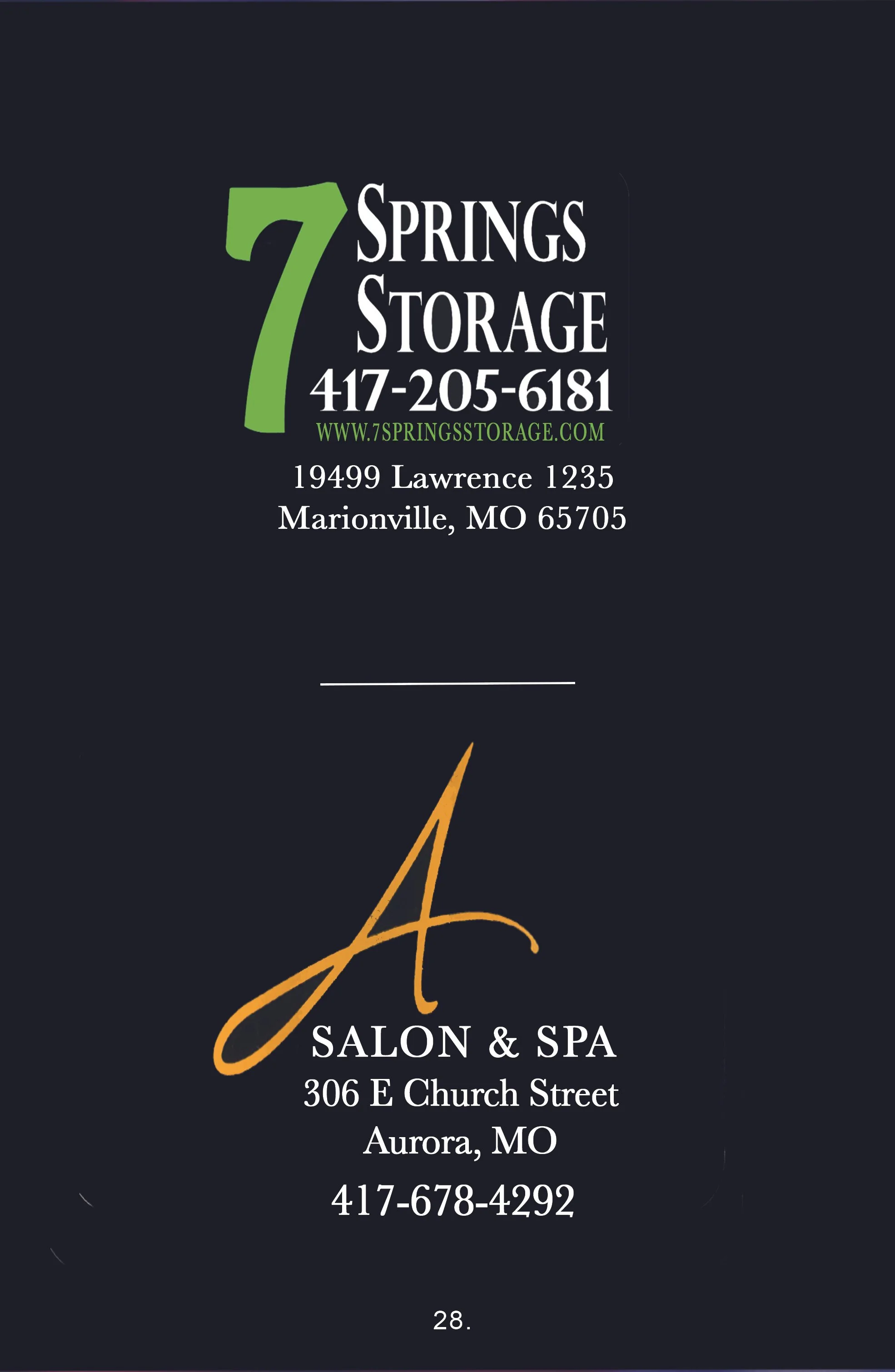 Business card for 7 Springs Storage and Salon & Spa, providing contact information and addresses for both businesses in Missouri.