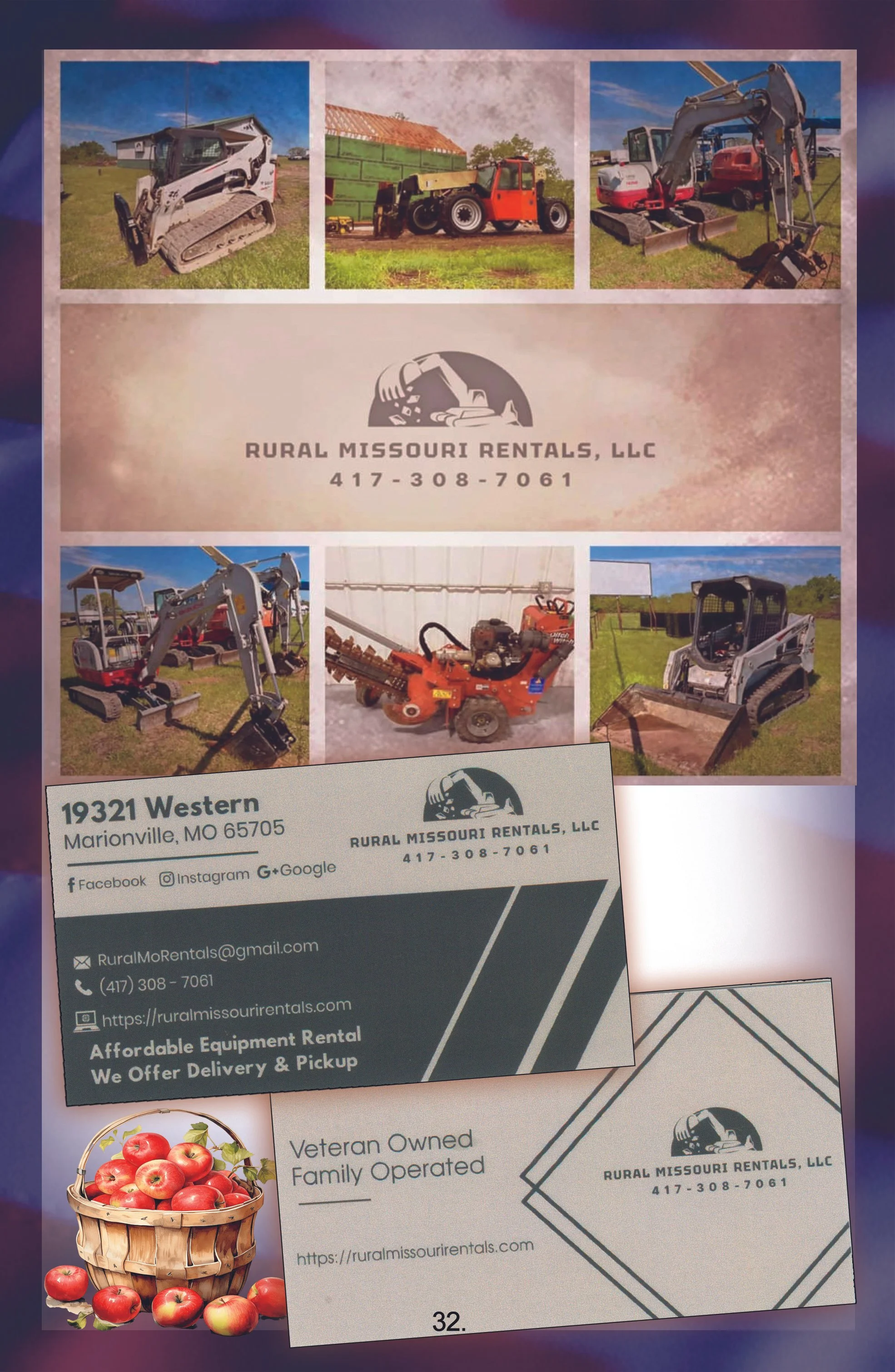A flyer and business card for Rural Missouri Rentals LLC, featuring images of construction and farming equipment, along with contact information and a small basket of apples.