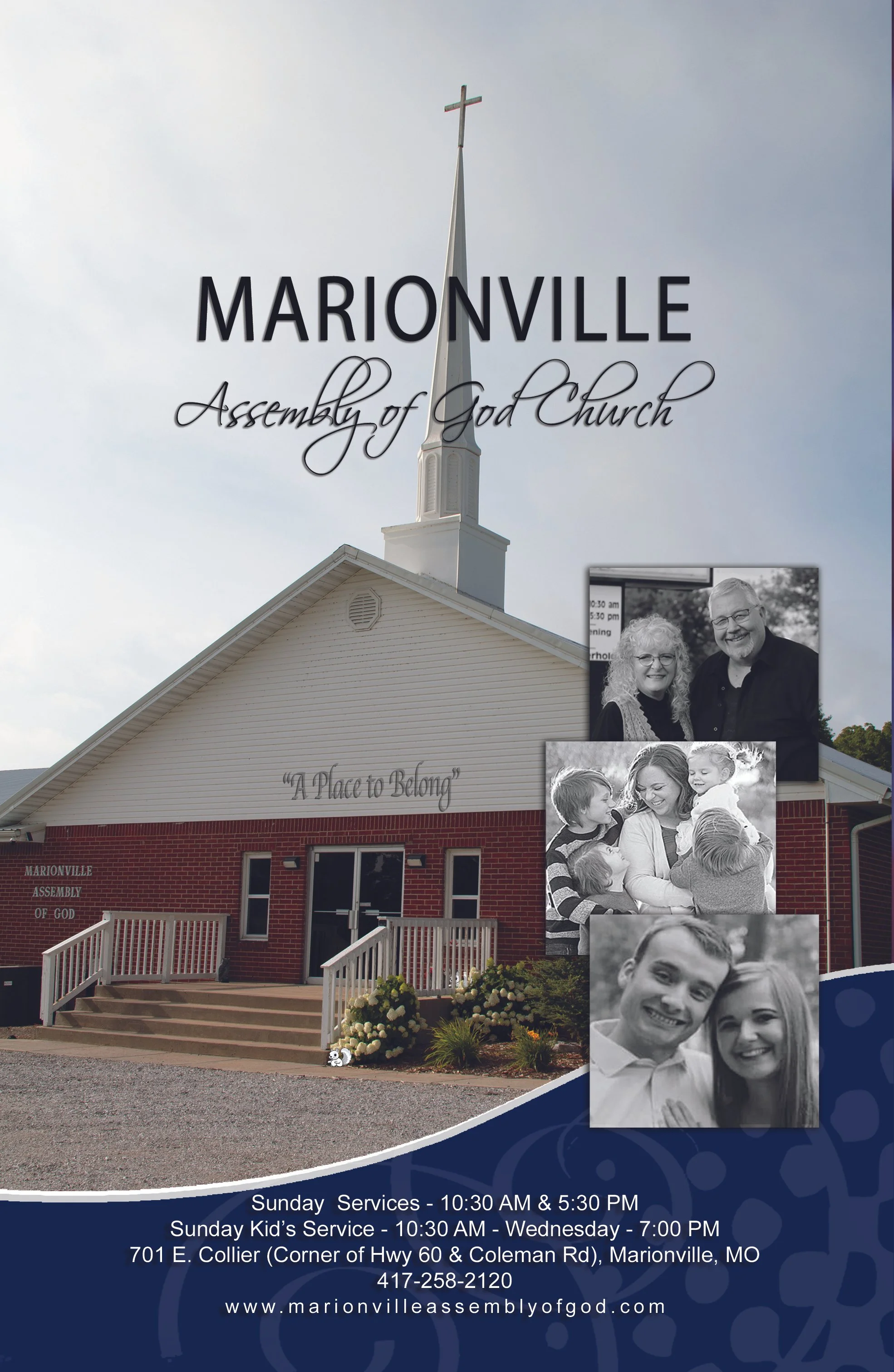 Flyer for Marionville Assembly of God Church featuring a church building with a steeple, four family photos, and service details including times, location, and contact information.
