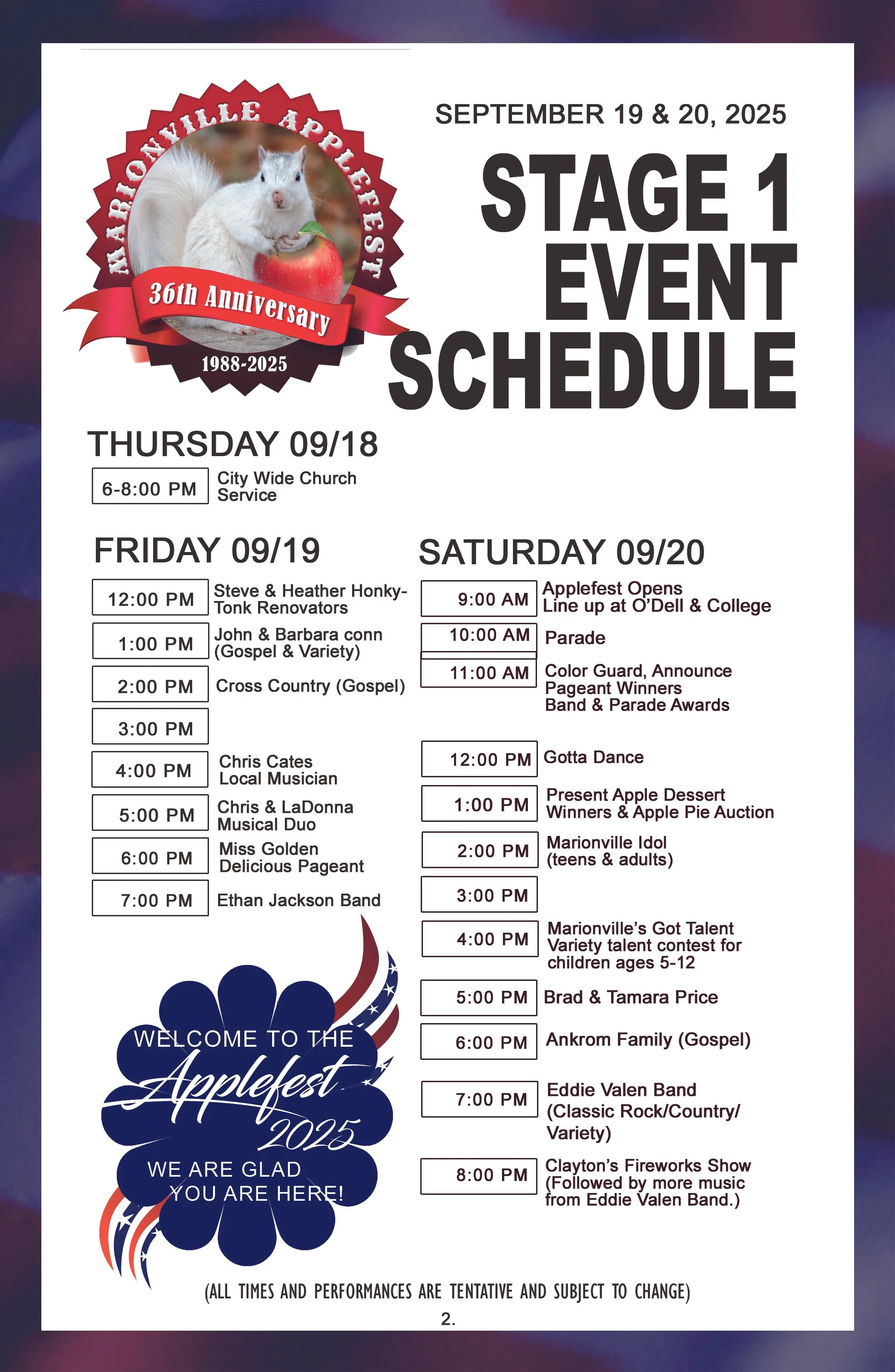 Schedule of events for the Mickrieville Applefest 2025, celebrating its 36th anniversary from September 19 to 20, with a detailed timetable of performances, parades, contests, and shows including local musicians, a parade, a dance, talent contests, and fireworks.