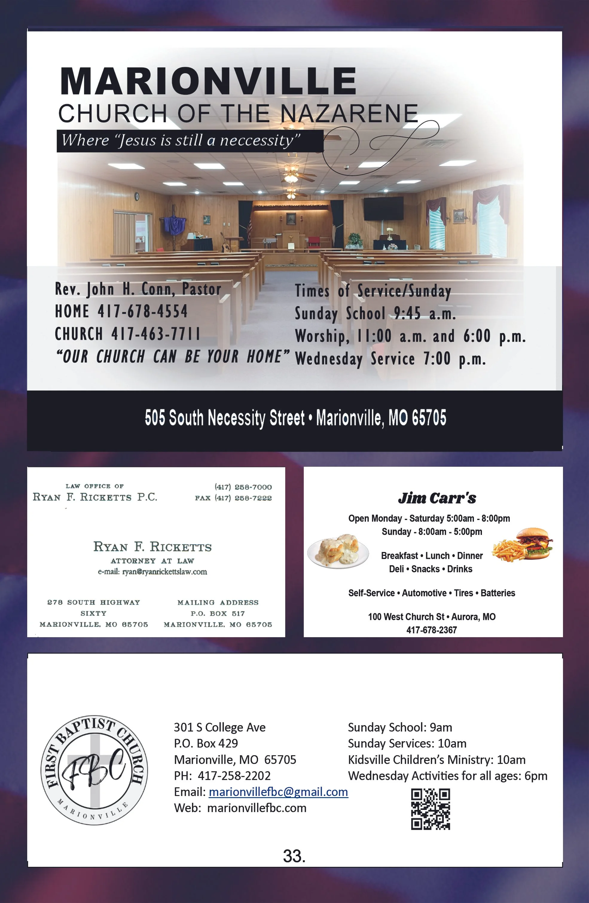 A church flyer for Marionville Church of the Nazarene, with service times, contact information, and address, featuring a background image of an empty church interior. Additional ads for a law office and a food establishment are included, along with a church logo and QR code.