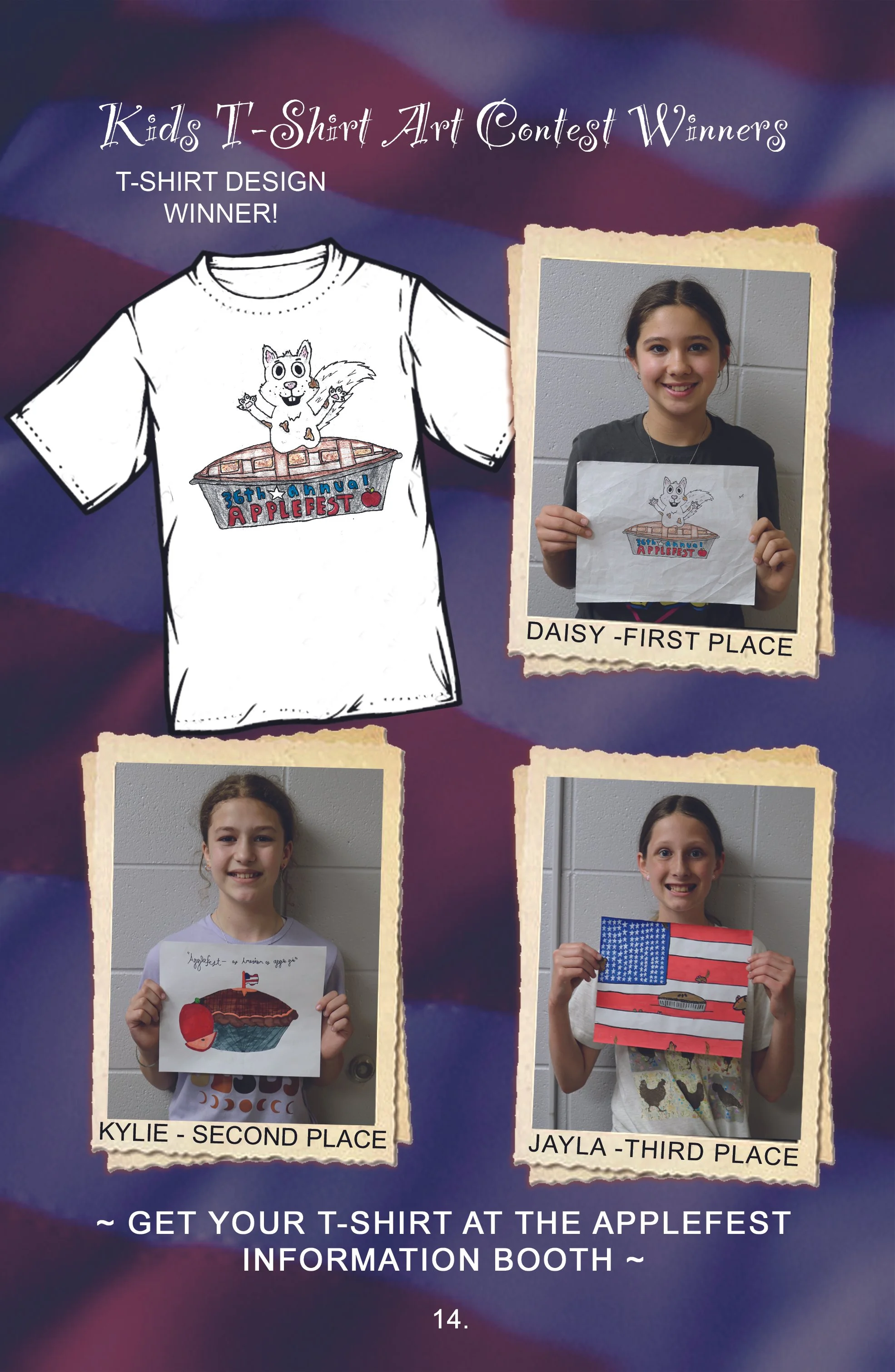 Announcement for the Kids T-Shirt Art Contest winners at Applefest showing first place winner Daisy holding her artwork, second place Kylie holding her artwork, and third place Jayla holding her artwork, with a drawing of a squirrel in a pie dish at the top.